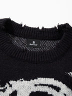 Hip-Hop Dark Skull Frayed-Edge Knit Sweater