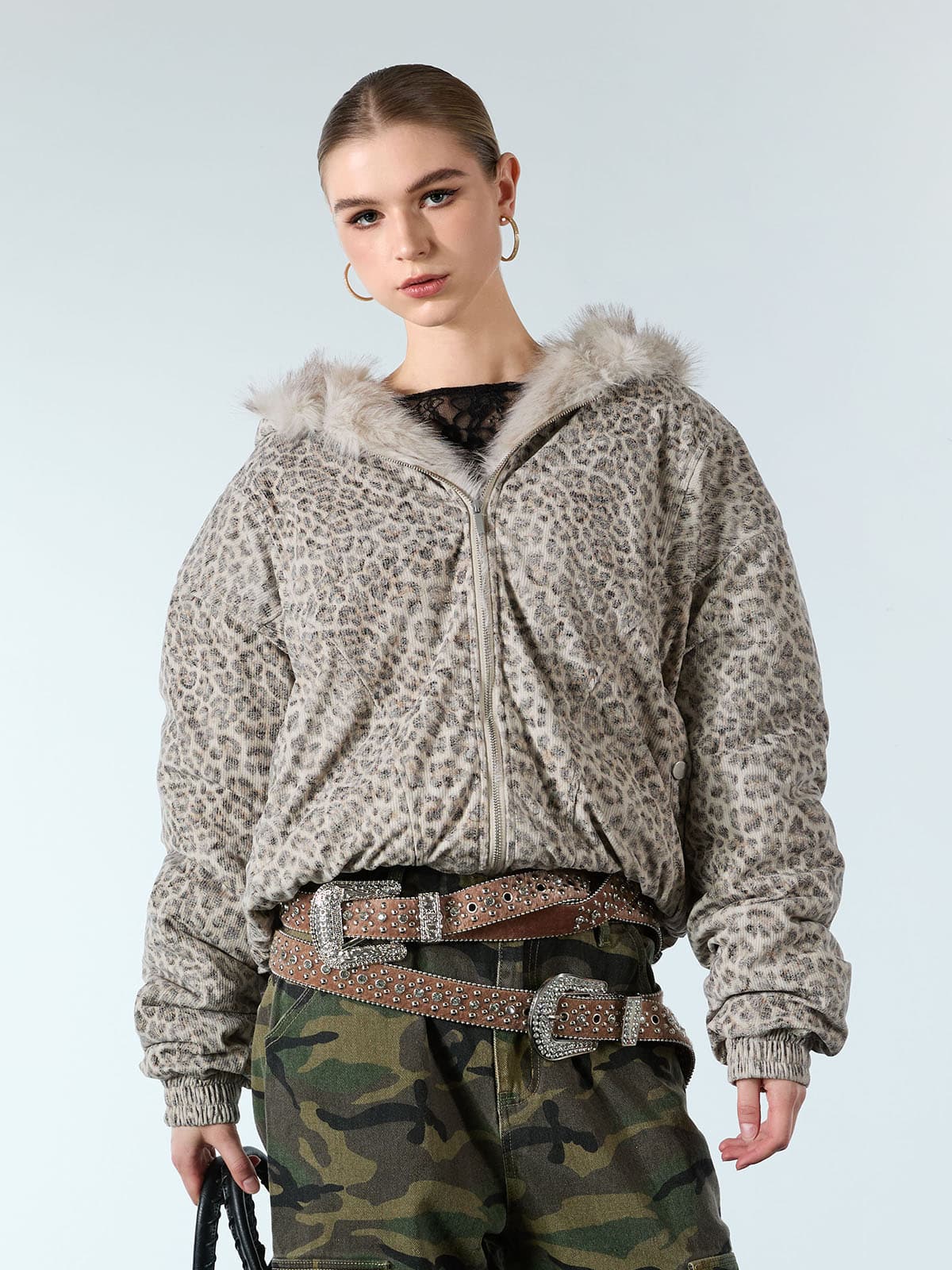 Cotton Cheetah Print Mink Fur Hooded Jacket