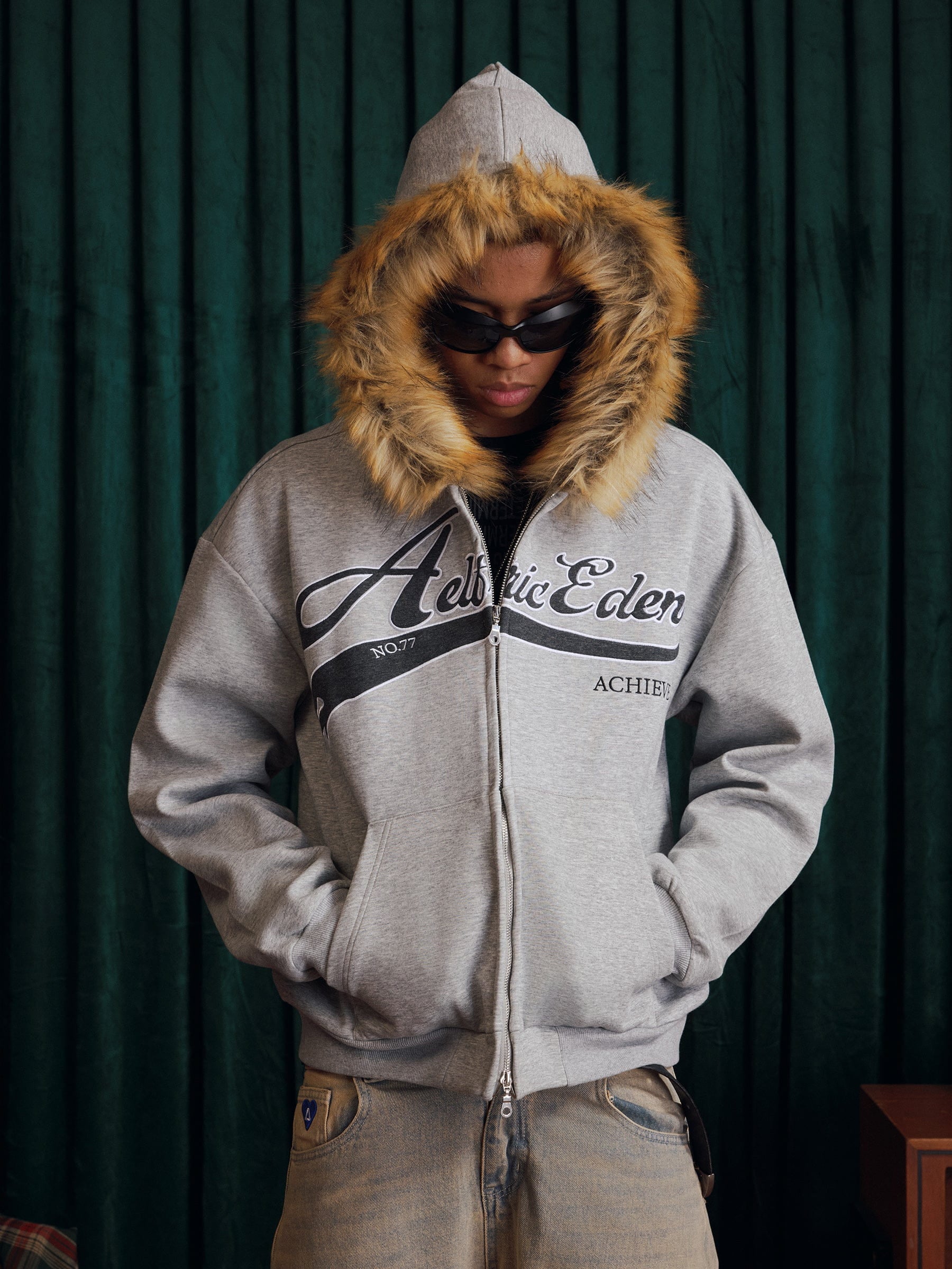 Boxy Faux Fur Collar Hoodie