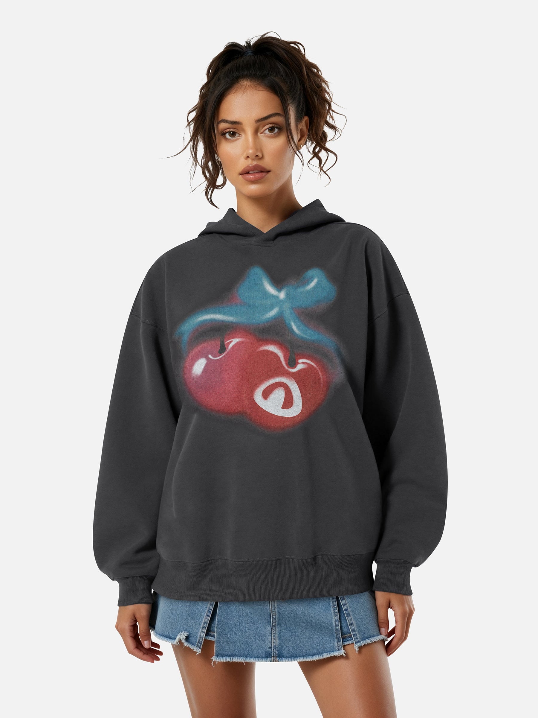 Oversized Cherry Pattern Pullover Hoodie
