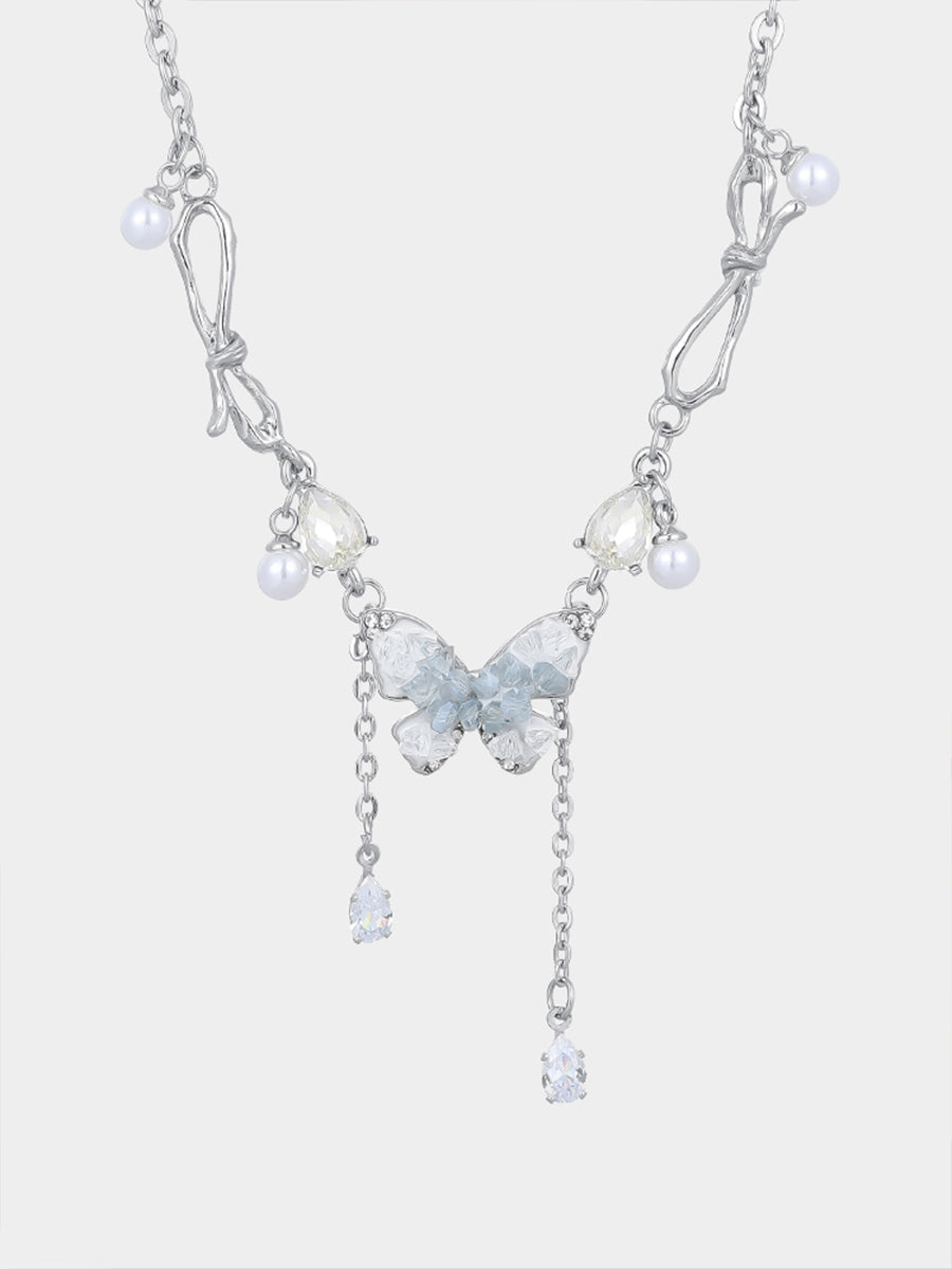 Butterfly Dreams Silver-Tone Necklace with Pearls and Crystals Adjustable Chain