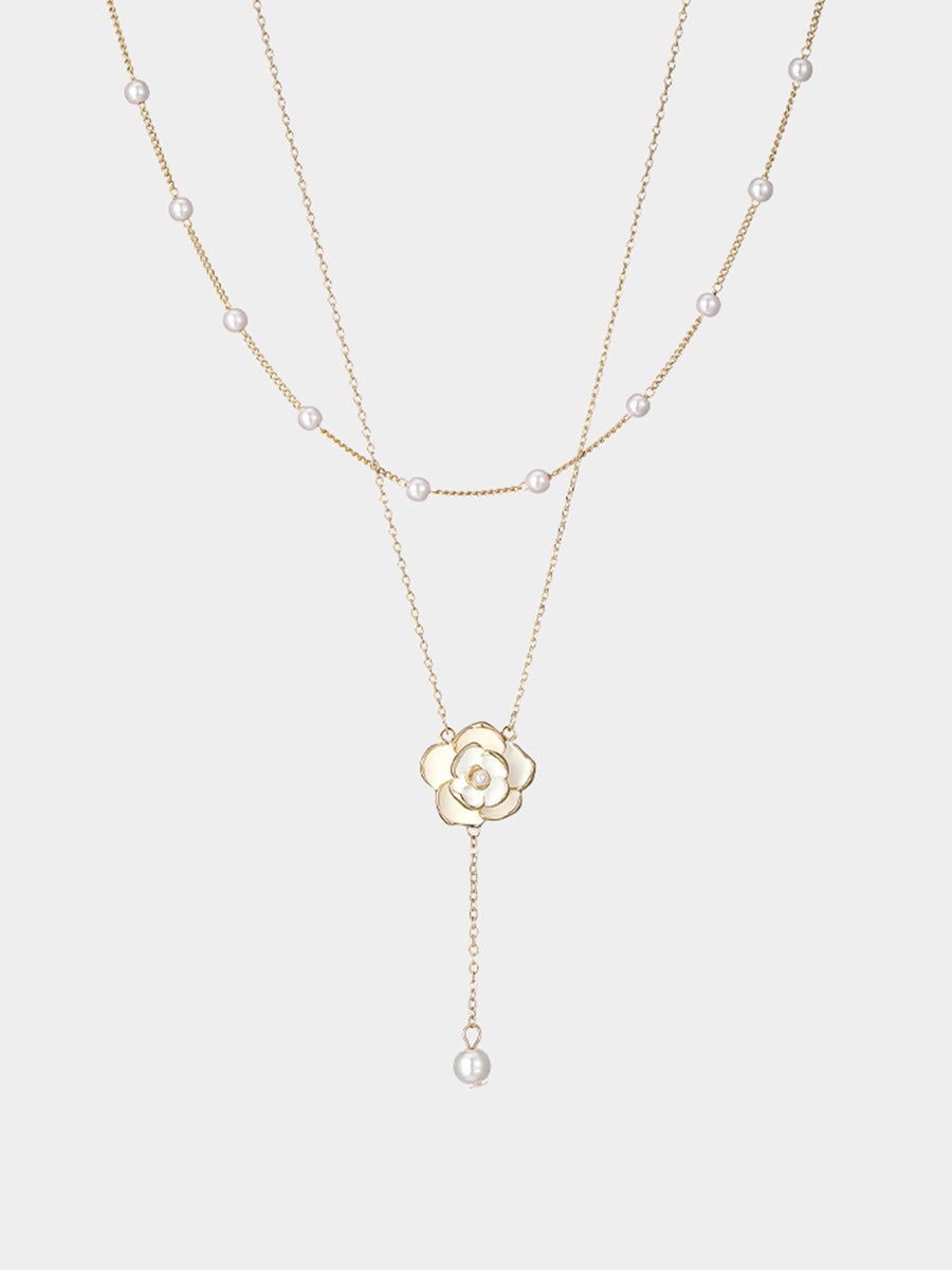 Camellia Path Layered Gold Necklace with Pearl Drop Accent