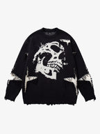 Hip-Hop Dark Skull Frayed-Edge Knit Sweater
