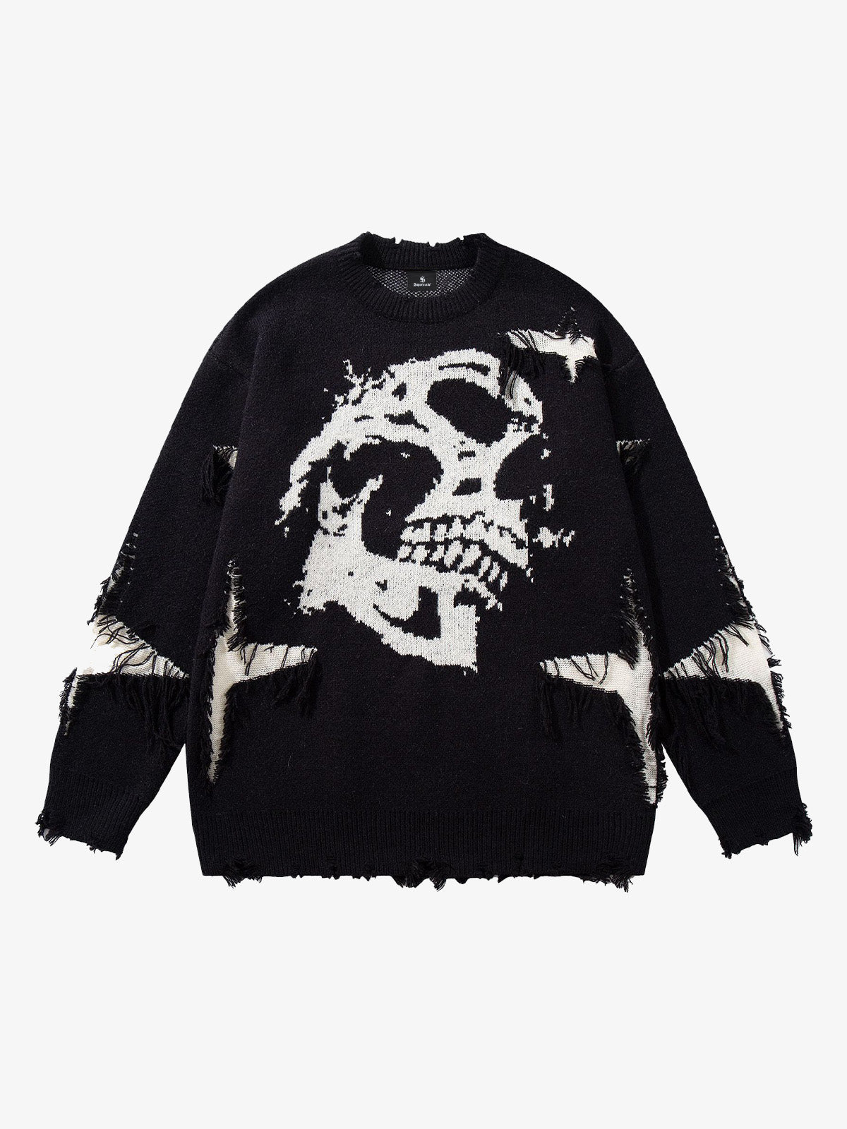 Hip-Hop Dark Skull Frayed-Edge Knit Sweater