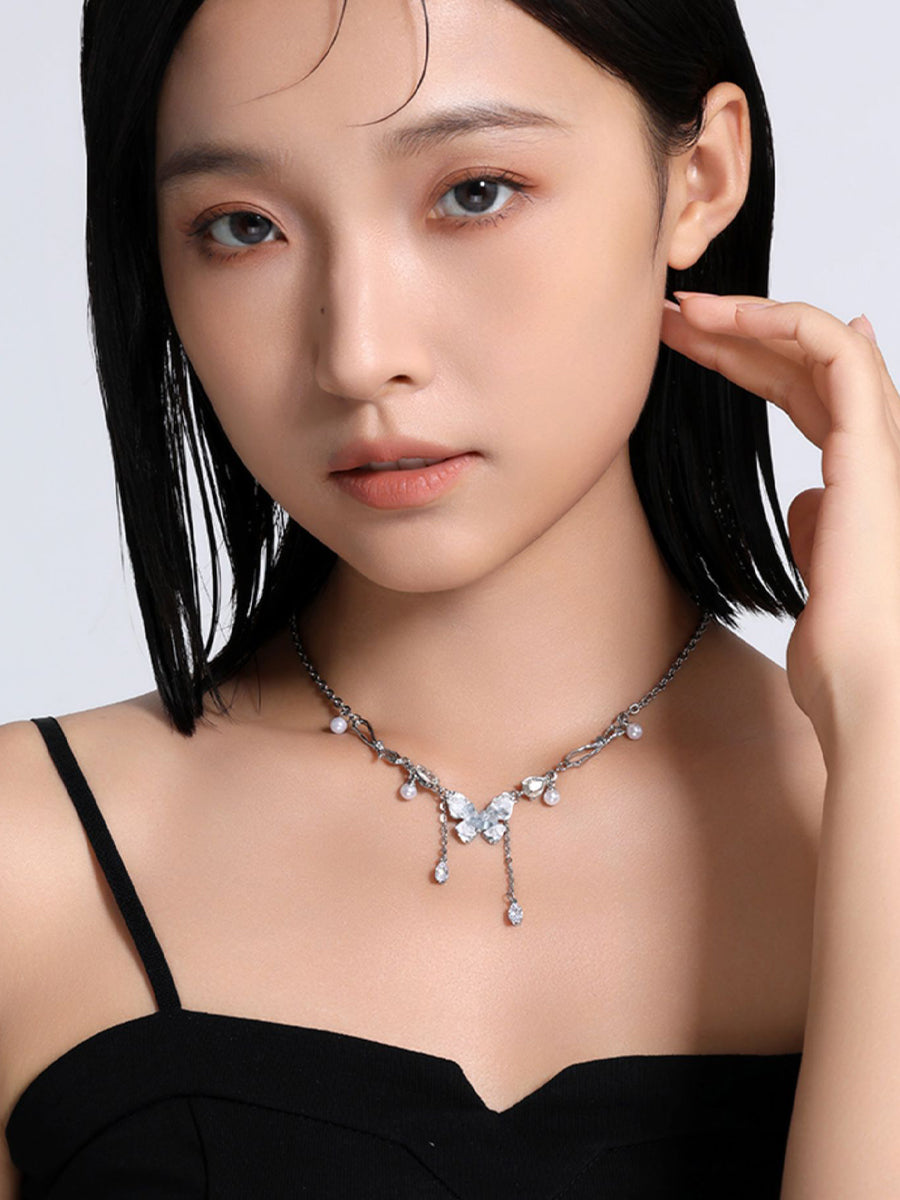Butterfly Dreams Silver-Tone Necklace with Pearls and Crystals Adjustable Chain
