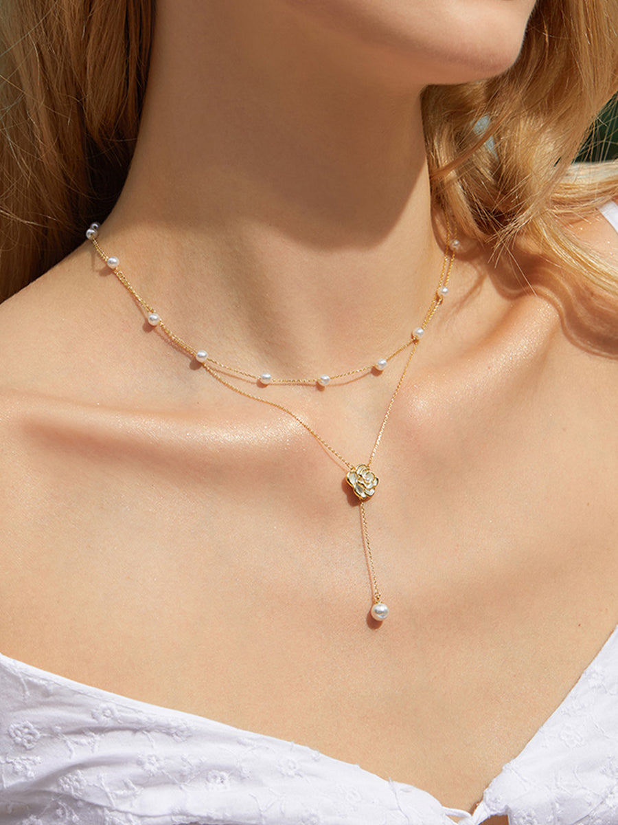 Layered Camellia Necklace with Gold Chains, Pearl Drop, Lobster Clasp