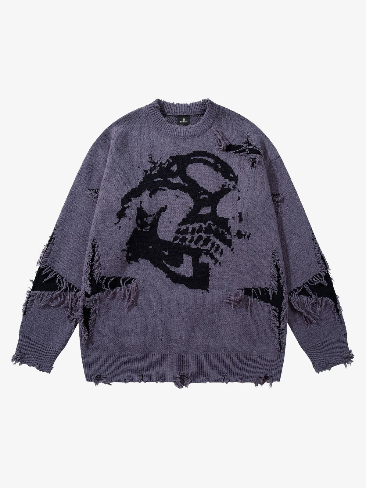 Hip-Hop Dark Skull Frayed-Edge Knit Sweater