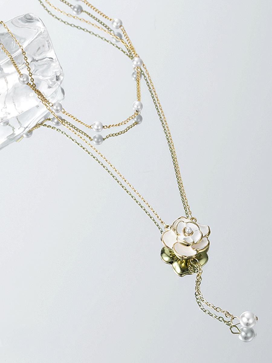Layered Camellia Necklace with Gold Chains, Pearl Drop, Lobster Clasp