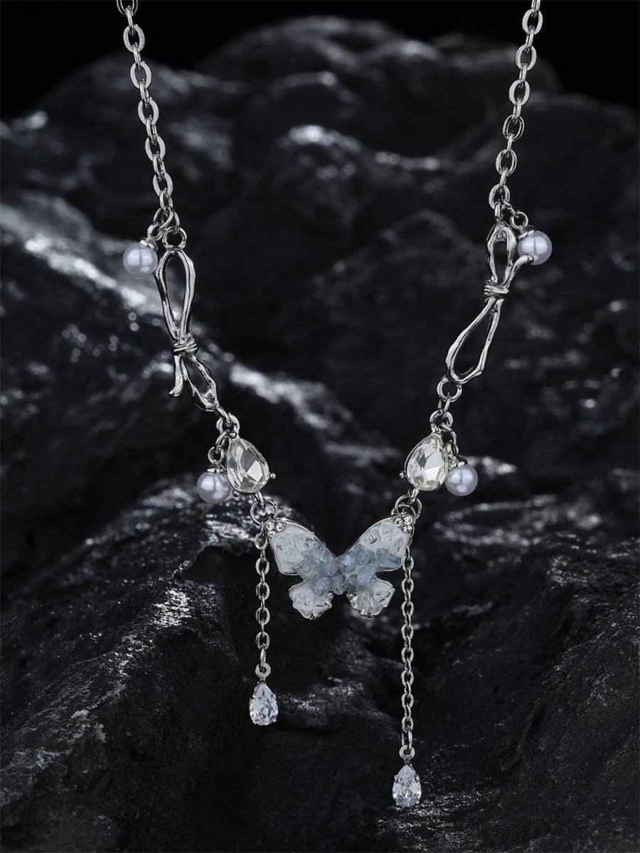 Butterfly Dreams Silver-Tone Necklace with Pearls and Crystals Adjustable Chain