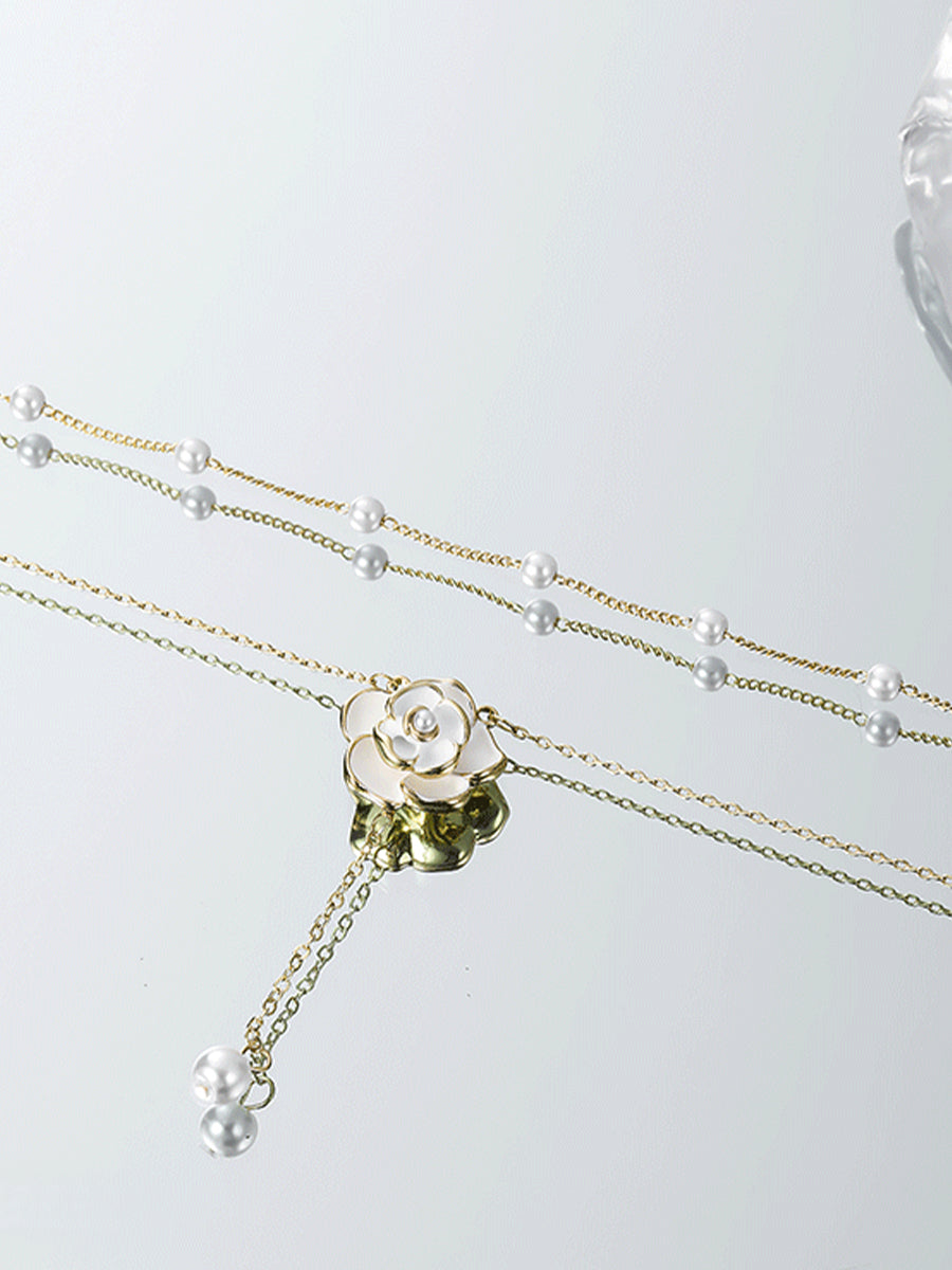Camellia Path Layered Gold Necklace with Pearl Drop Accent