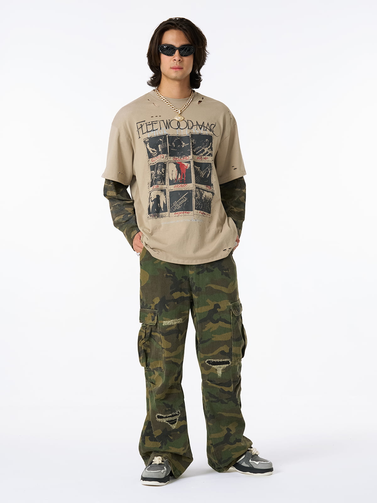 Jersey Distressed Camouflage Faux Two-Piece Graphic T-Shirt