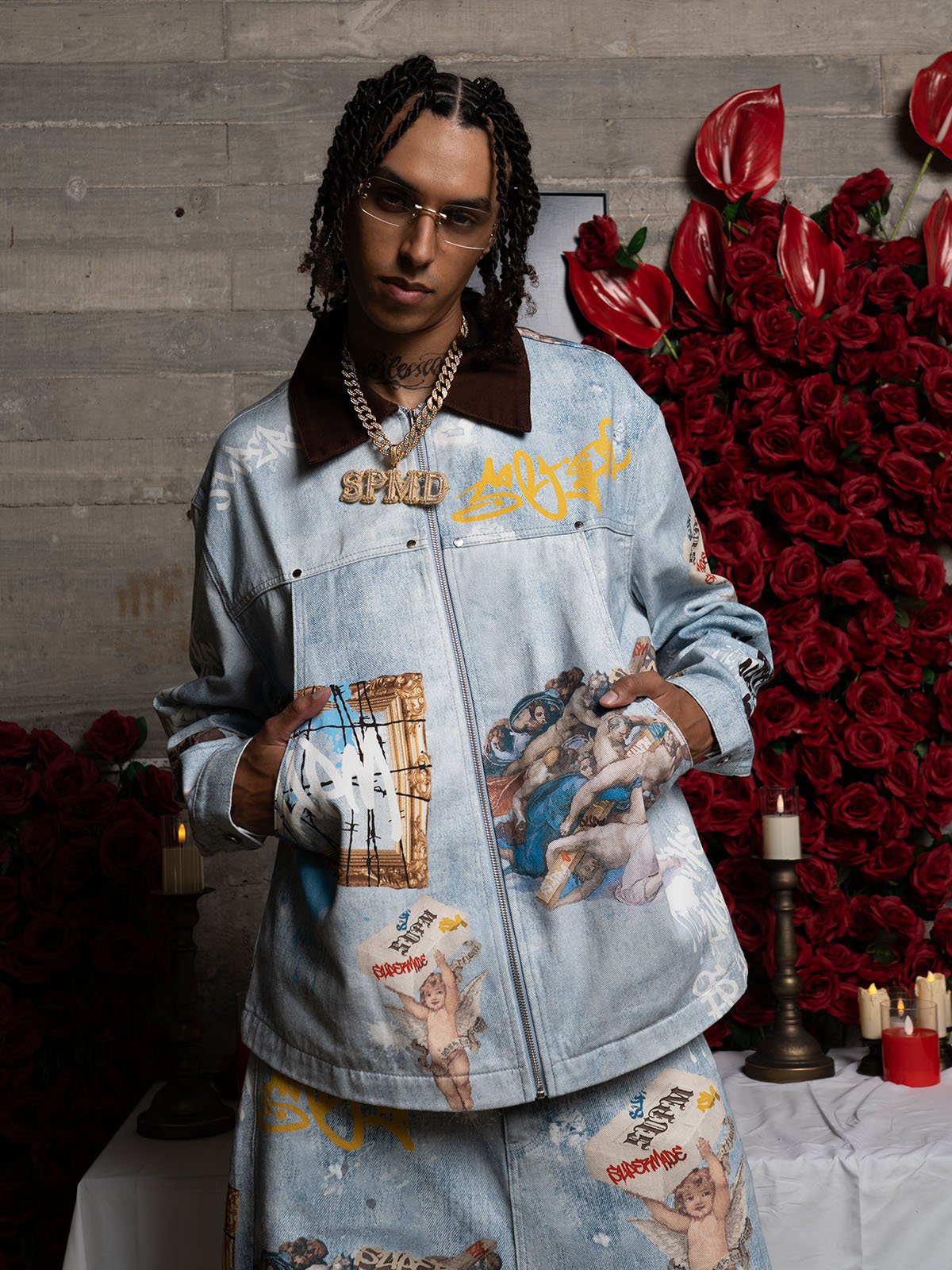 Artistic Patches Graphic  Distressed Denim Jacket