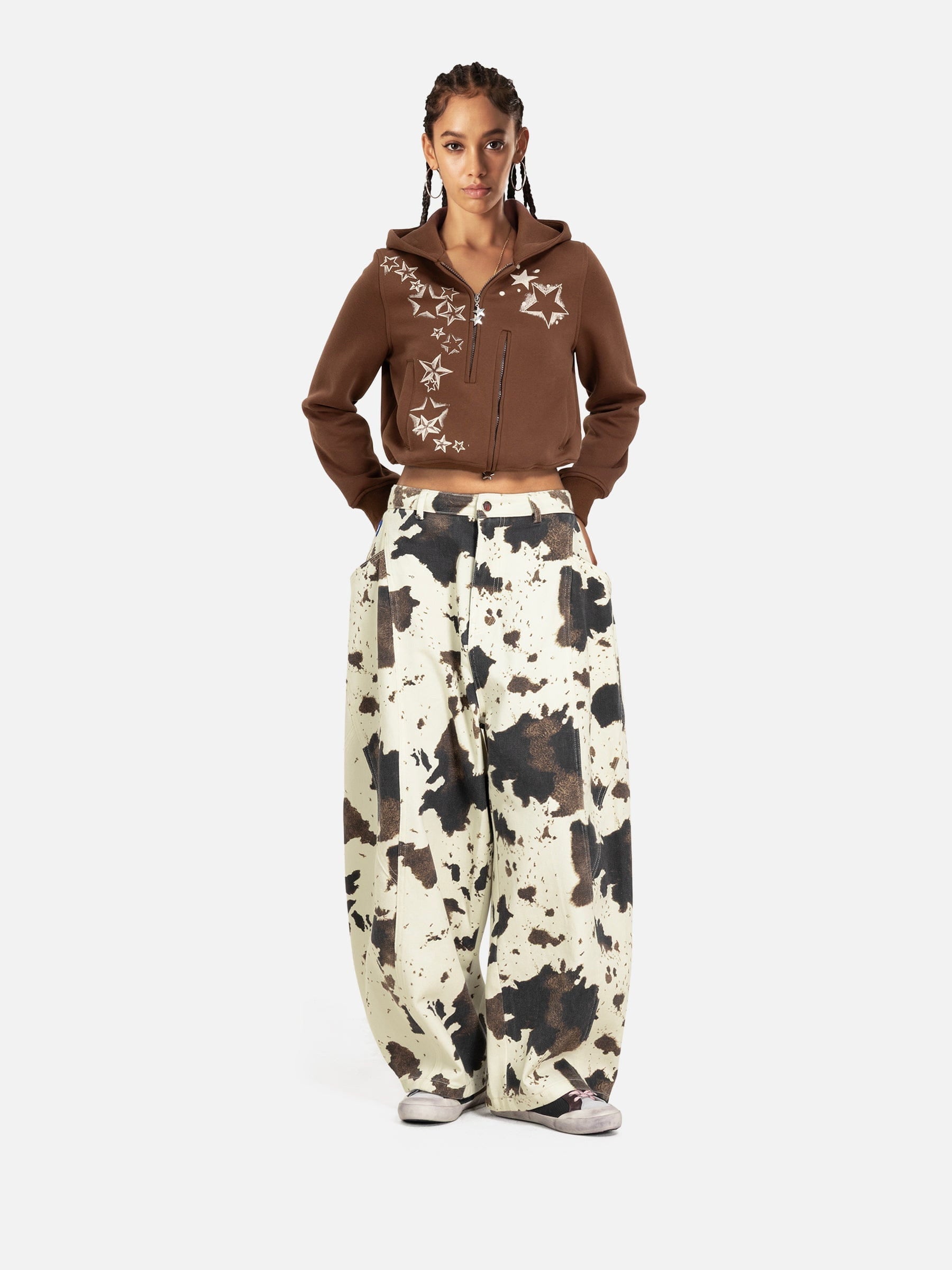 Cow Pattern Baggy Barrel Jeans