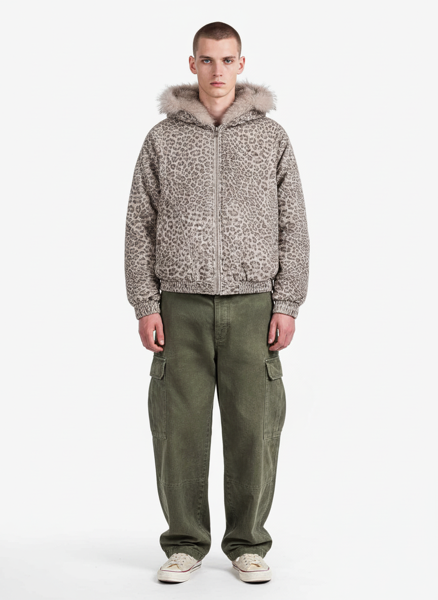 Cotton Cheetah Print Mink Fur Hooded Jacket