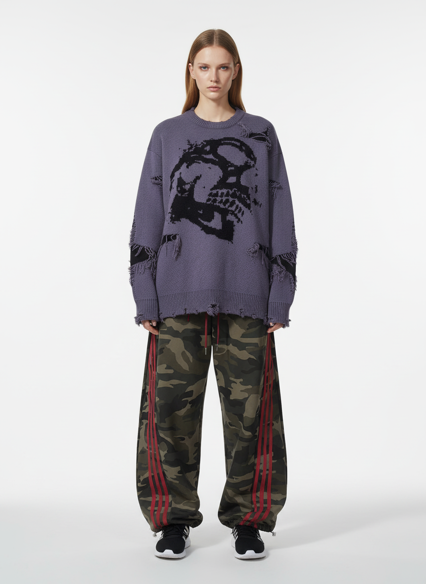 Hip-Hop Dark Skull Frayed-Edge Knit Sweater