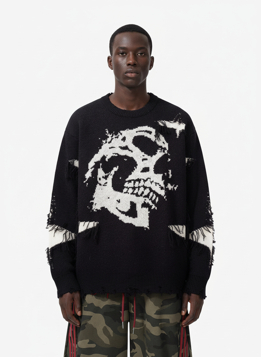 Hip-Hop Dark Skull Frayed-Edge Knit Sweater