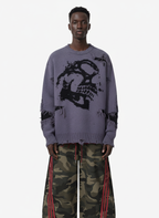 Hip-Hop Dark Skull Frayed-Edge Knit Sweater