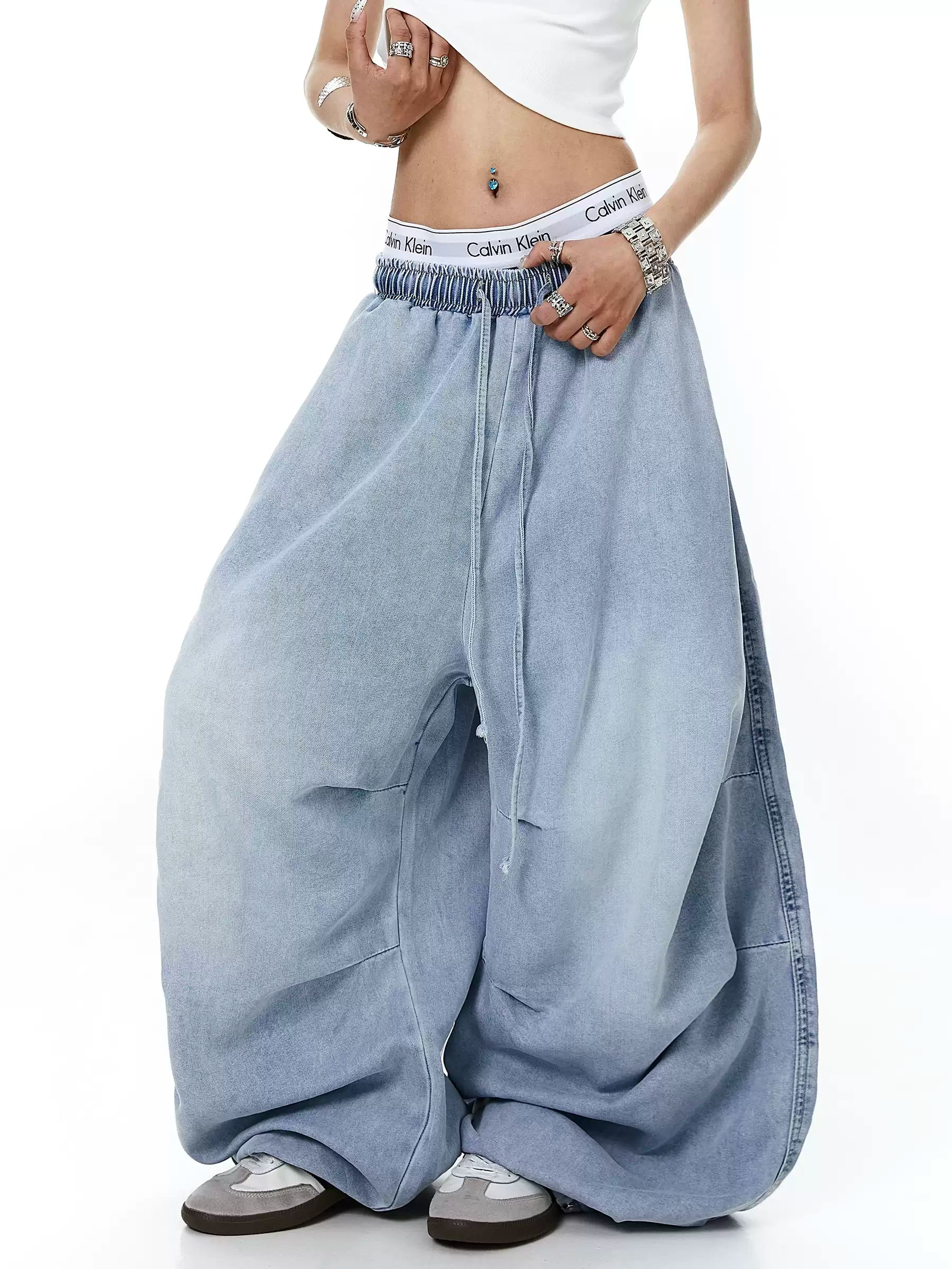 Unisex Amerikan Tarzı Yıpranmış Yıkamalı Bol Kesim Geniş Paça Kot Pantolon