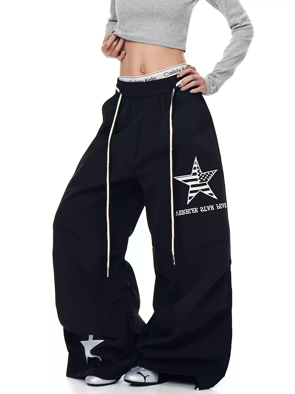 Unisex Amerikan Tarzı Yıldız Nakışlı Büzgülü Bol Kesim Geniş Paça Kargo Pantolon
