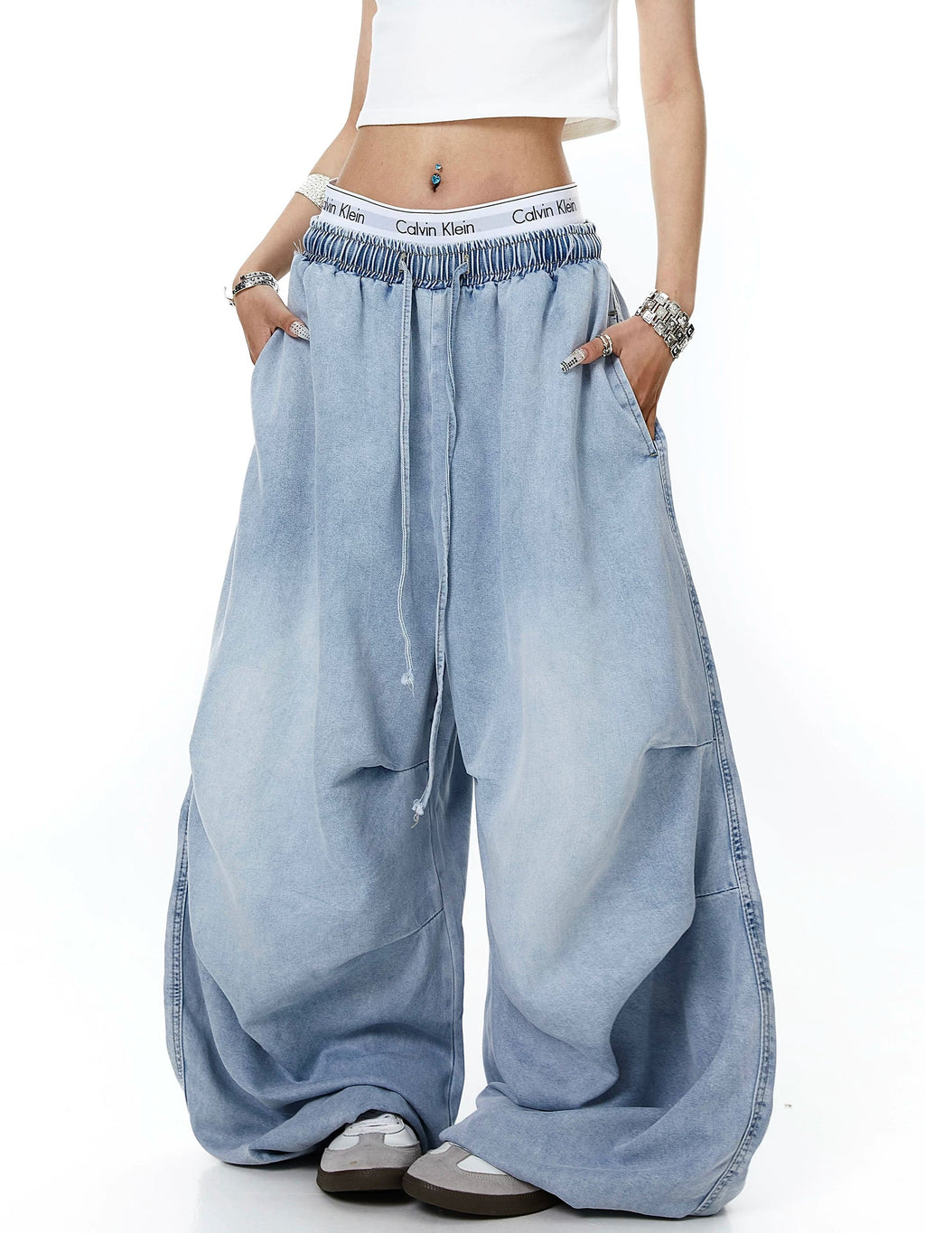 Unisex Amerikan Tarzı Yıpranmış Yıkamalı Bol Kesim Geniş Paça Kot Pantolon