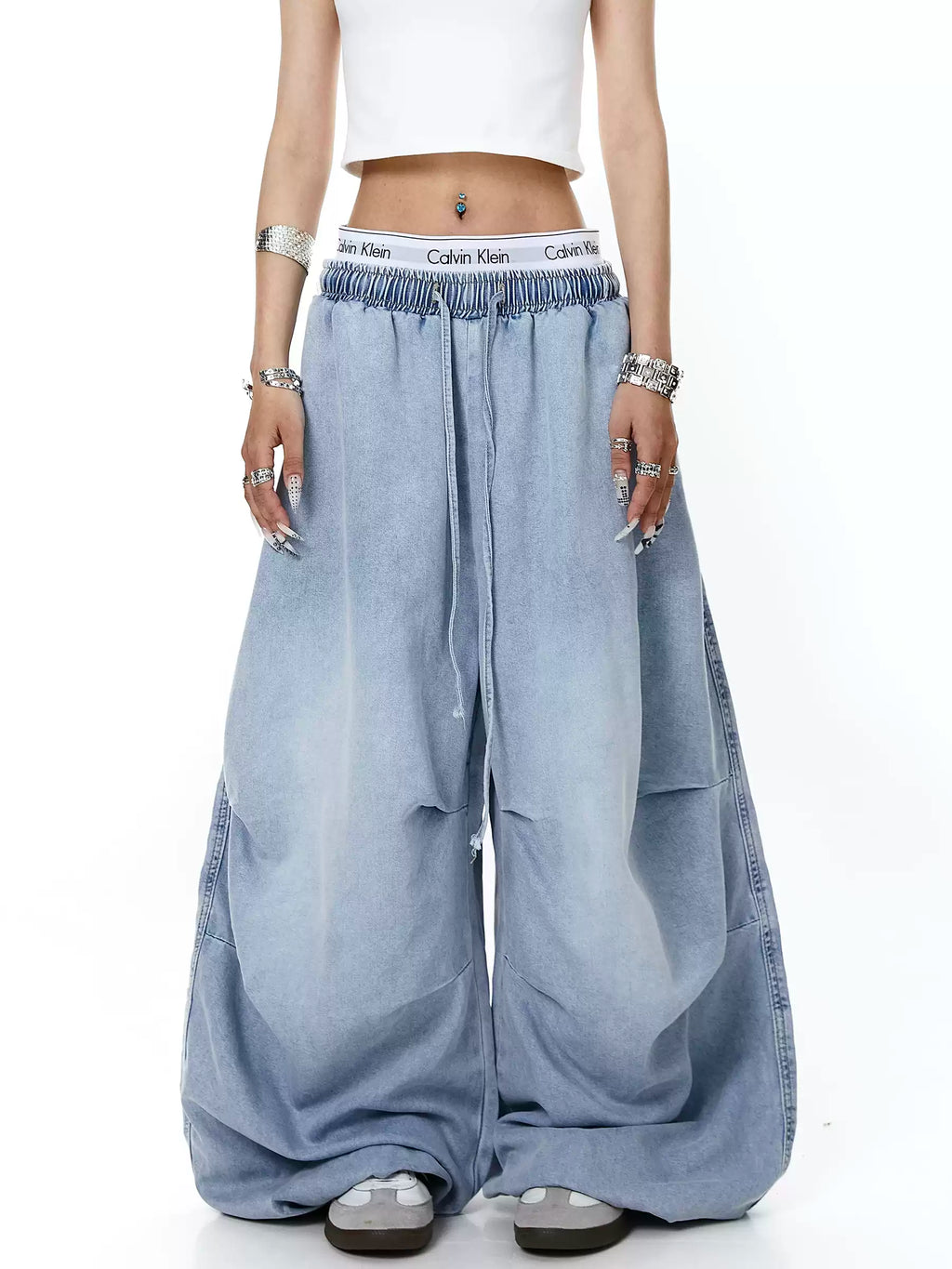 Unisex Amerikan Tarzı Yıpranmış Yıkamalı Bol Kesim Geniş Paça Kot Pantolon