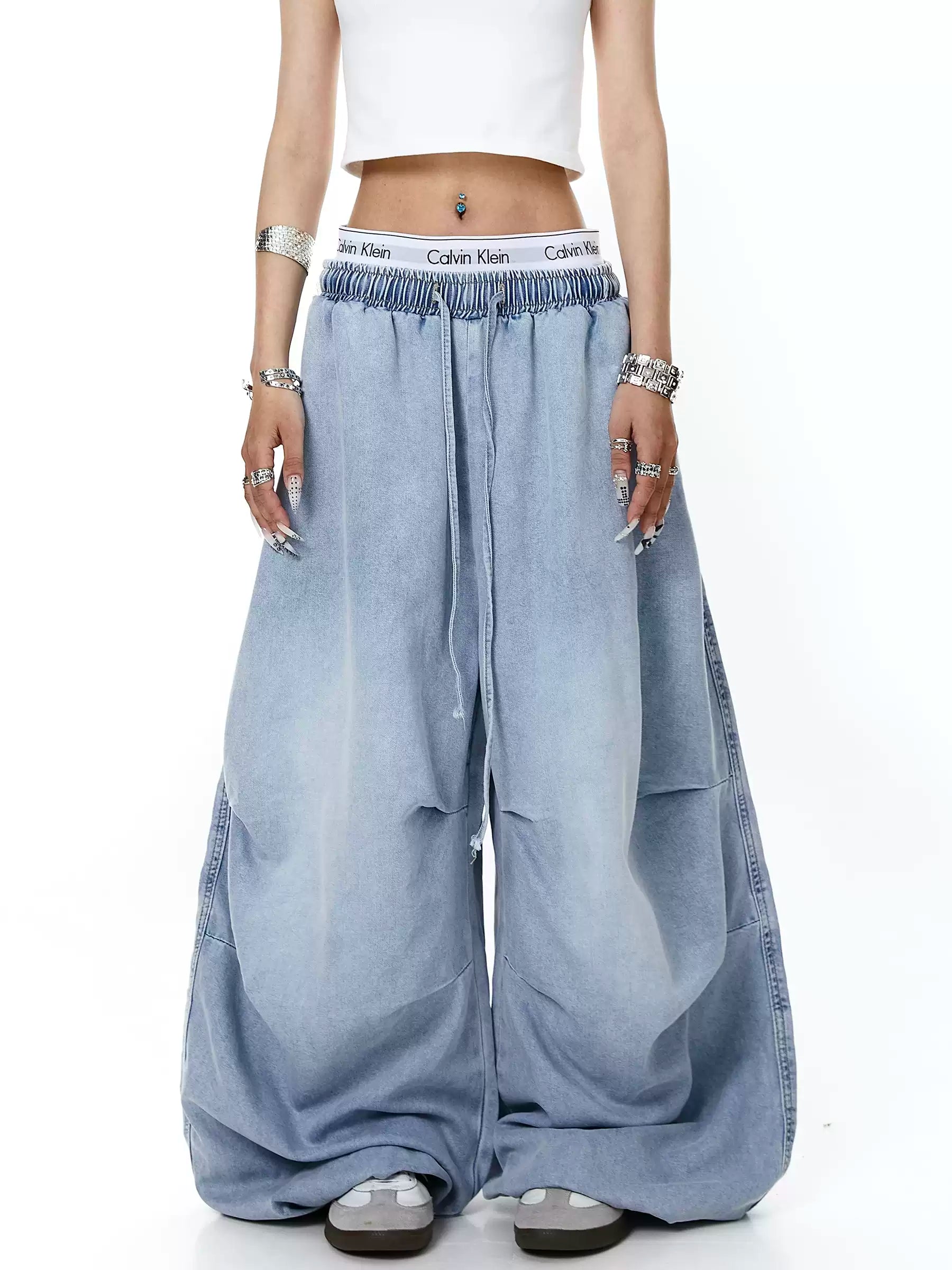 Unisex Amerikan Tarzı Yıpranmış Yıkamalı Bol Kesim Geniş Paça Kot Pantolon