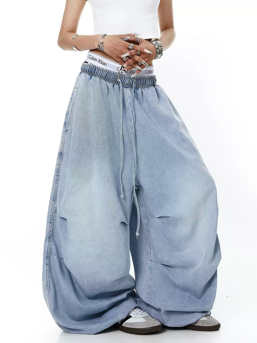 Unisex Amerikan Tarzı Yıpranmış Yıkamalı Bol Kesim Geniş Paça Kot Pantolon