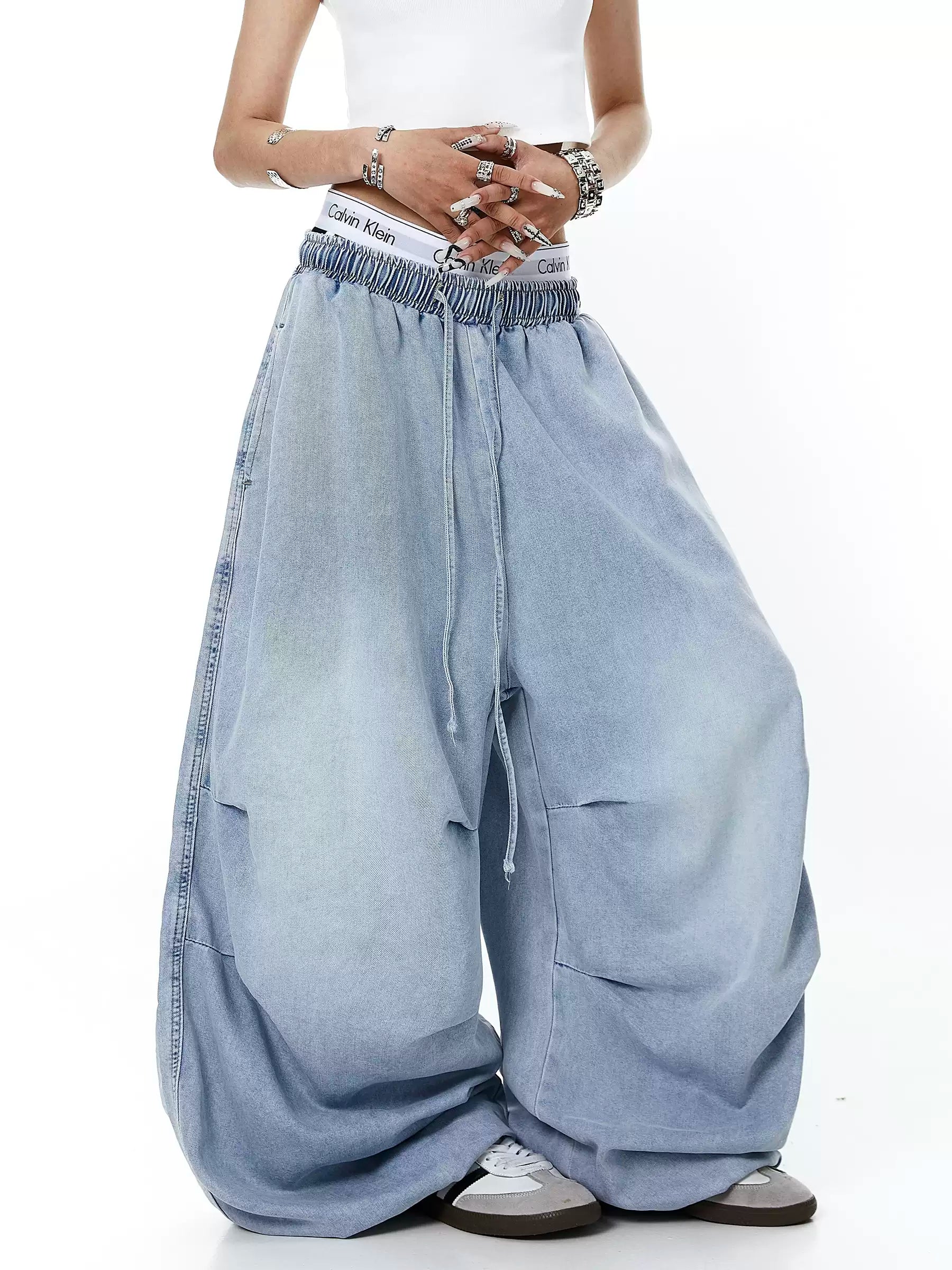 Unisex Amerikan Tarzı Yıpranmış Yıkamalı Bol Kesim Geniş Paça Kot Pantolon