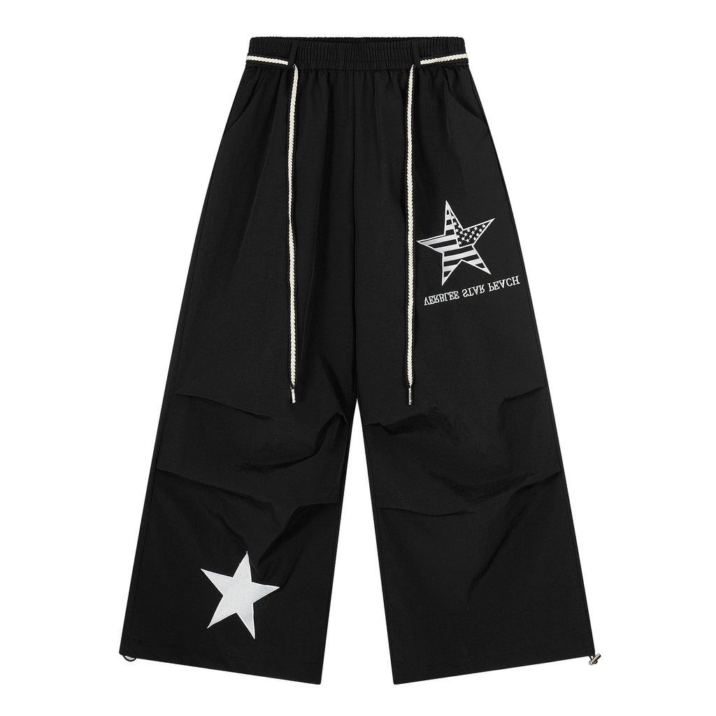Unisex Amerikan Tarzı Yıldız Nakışlı Büzgülü Bol Kesim Geniş Paça Kargo Pantolon