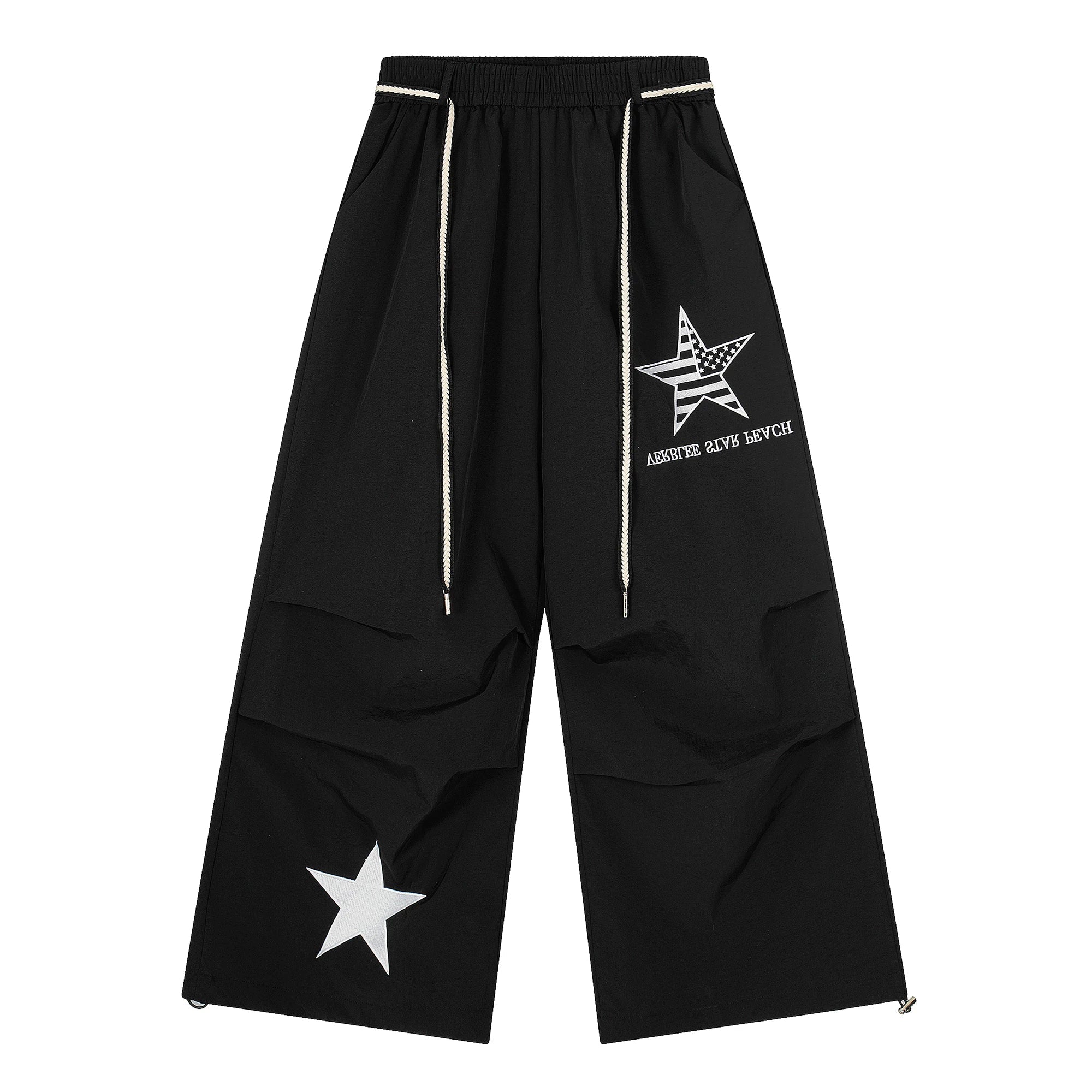 Unisex Amerikan Tarzı Yıldız Nakışlı Büzgülü Bol Kesim Geniş Paça Kargo Pantolon