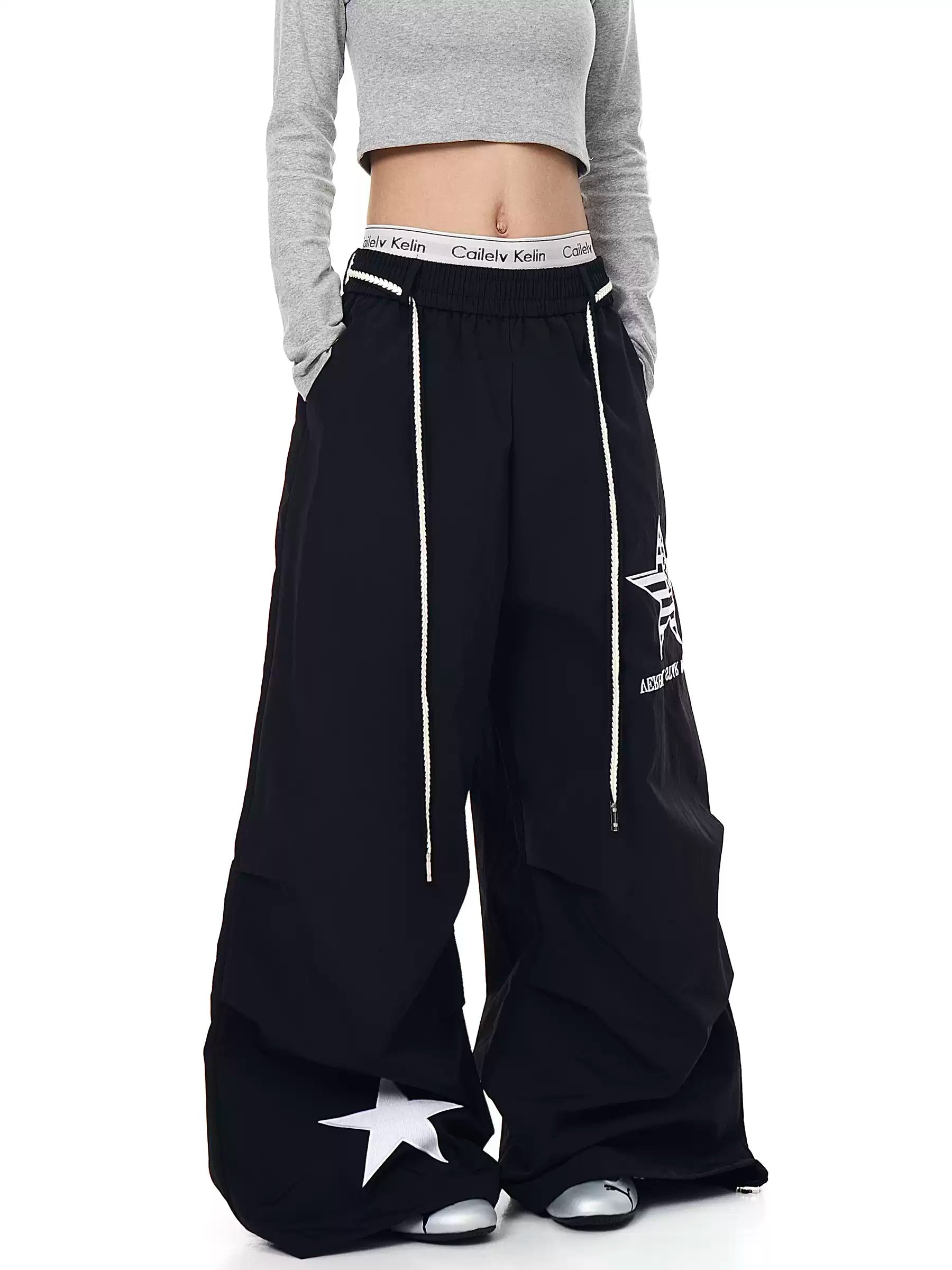 Unisex Amerikan Tarzı Yıldız Nakışlı Büzgülü Bol Kesim Geniş Paça Kargo Pantolon