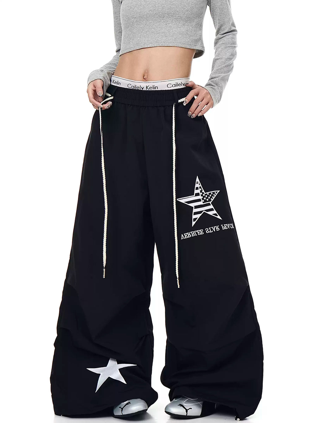 Unisex Amerikan Tarzı Yıldız Nakışlı Büzgülü Bol Kesim Geniş Paça Kargo Pantolon