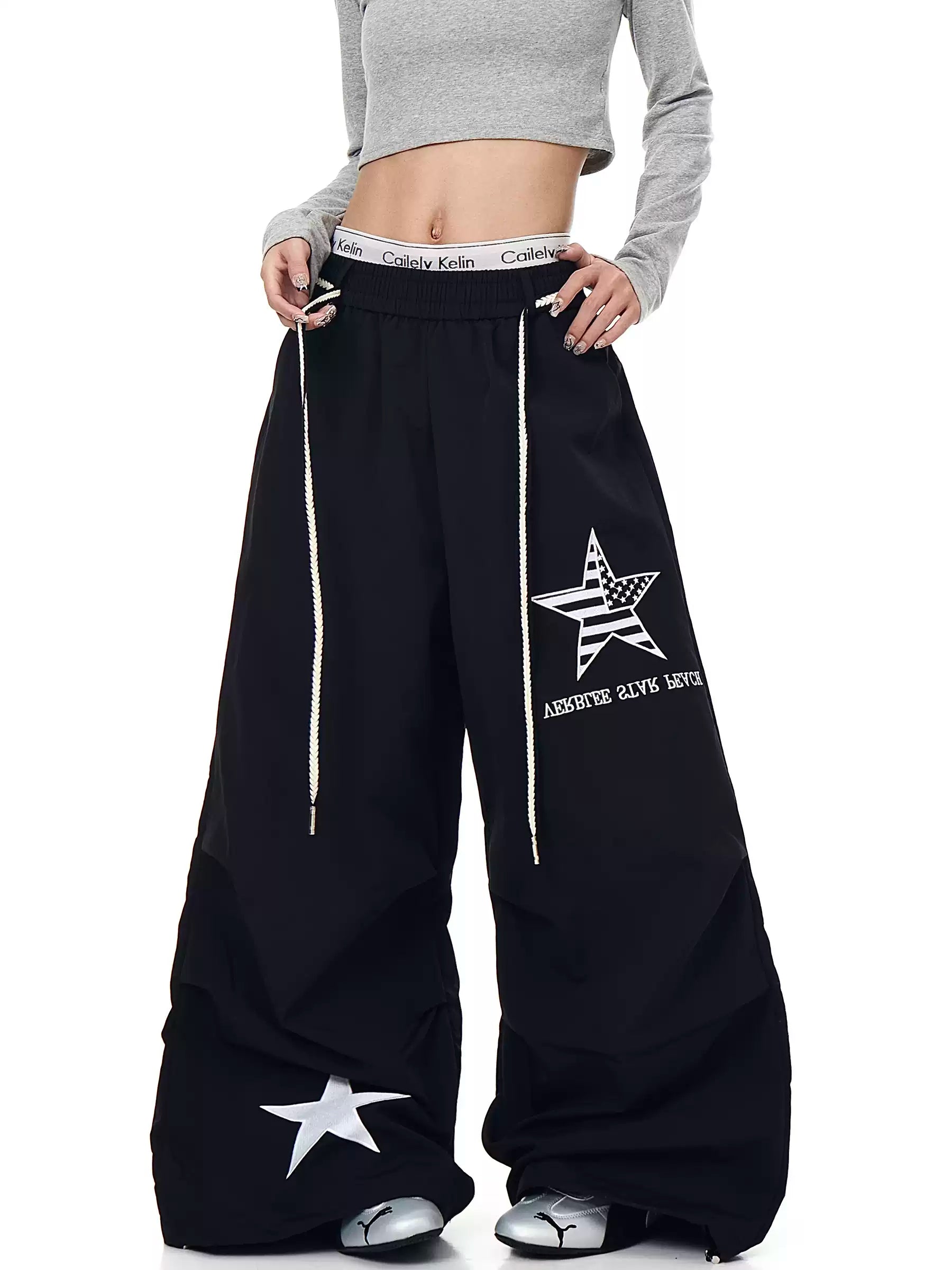 Unisex Amerikan Tarzı Yıldız Nakışlı Büzgülü Bol Kesim Geniş Paça Kargo Pantolon