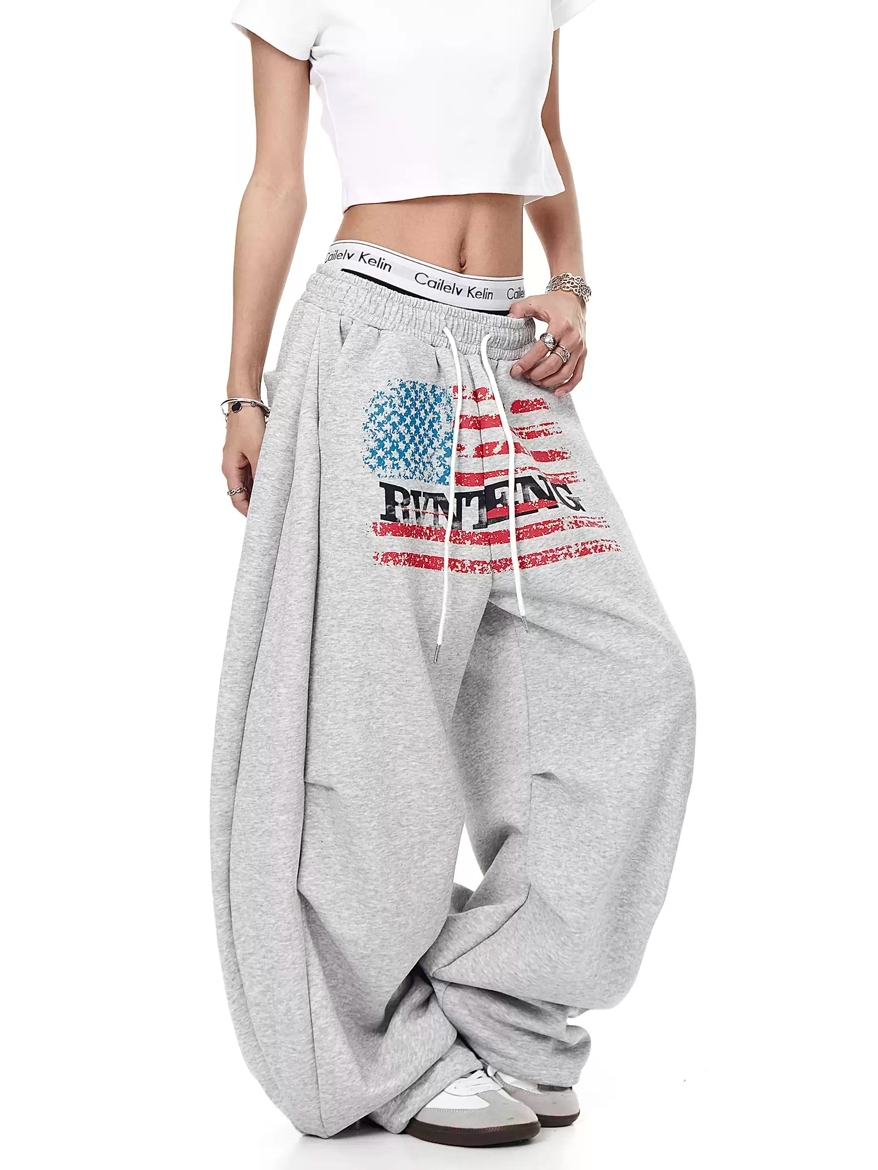 Unisex Amerikan Tarzı Bayrak Baskılı Pileli Kavisli Bol Kesim Geniş Paça Eşofman Altı