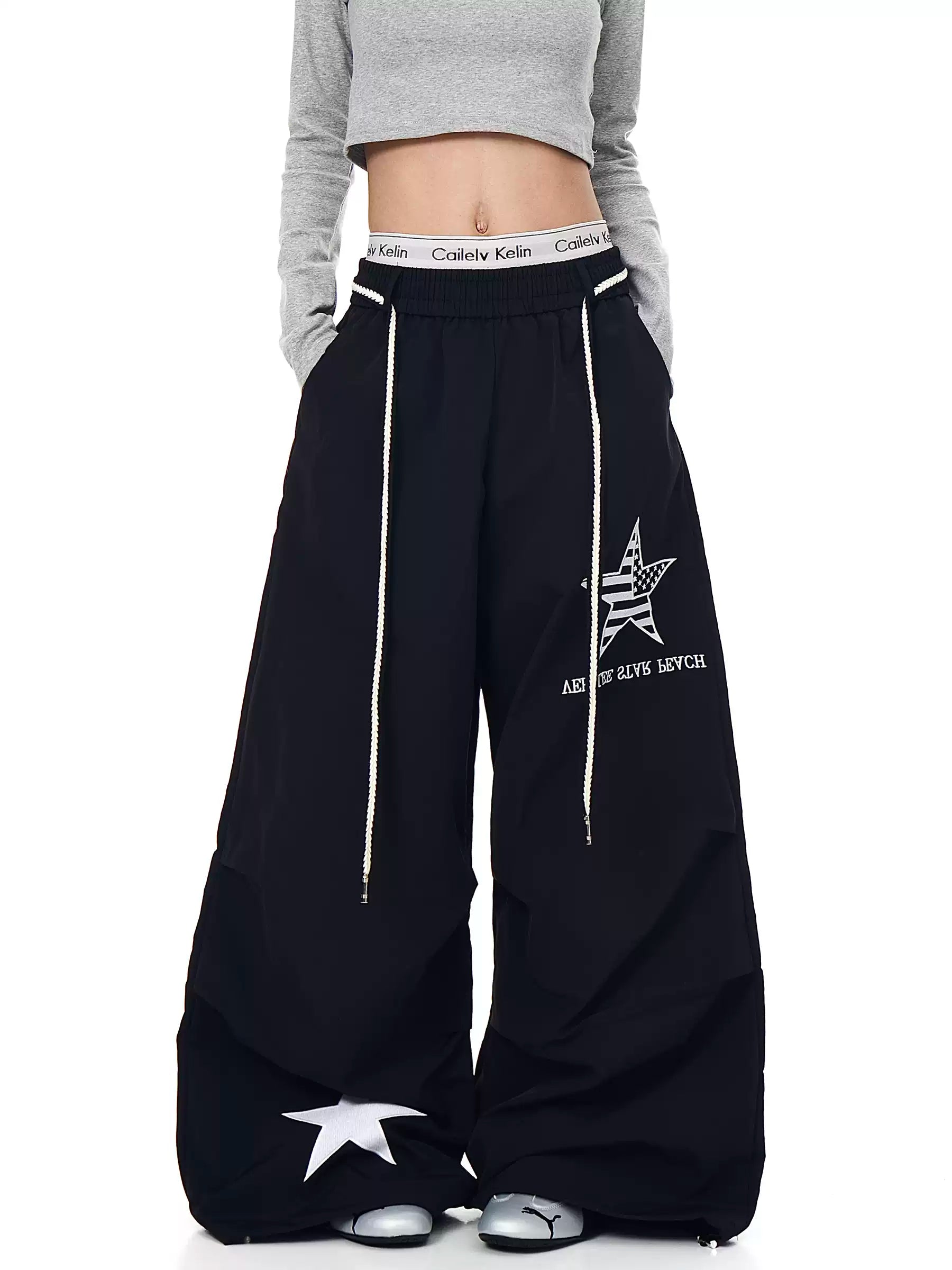 Unisex Amerikan Tarzı Yıldız Nakışlı Büzgülü Bol Kesim Geniş Paça Kargo Pantolon
