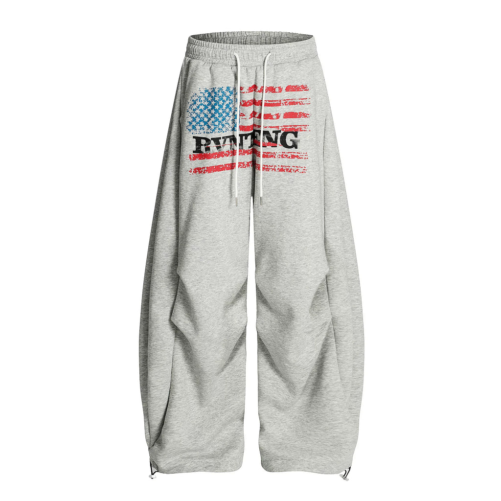 Unisex Amerikan Tarzı Bayrak Baskılı Pileli Kavisli Bol Kesim Geniş Paça Eşofman Altı