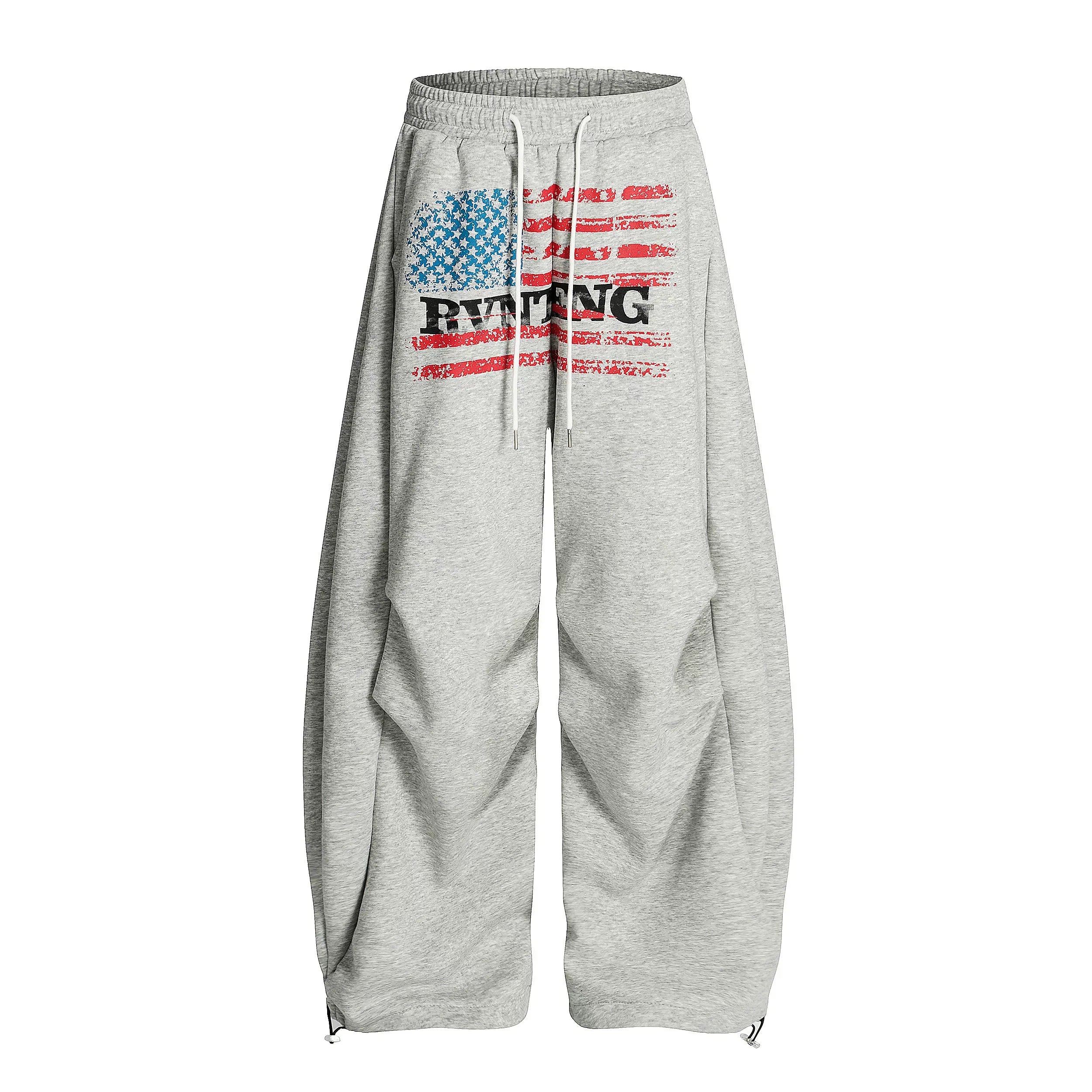 Unisex Amerikan Tarzı Bayrak Baskılı Pileli Kavisli Bol Kesim Geniş Paça Eşofman Altı