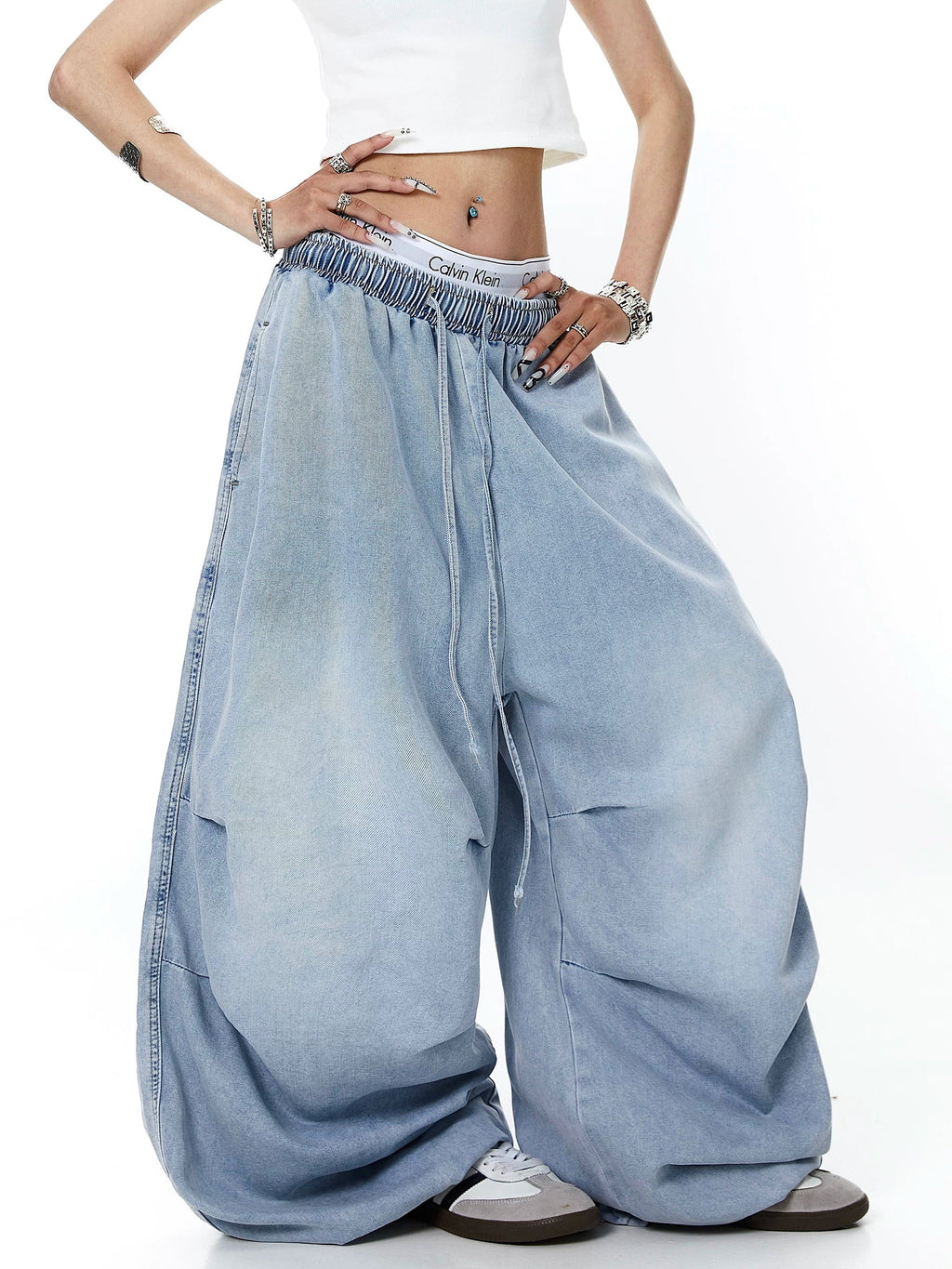 Unisex Amerikan Tarzı Yıpranmış Yıkamalı Bol Kesim Geniş Paça Kot Pantolon