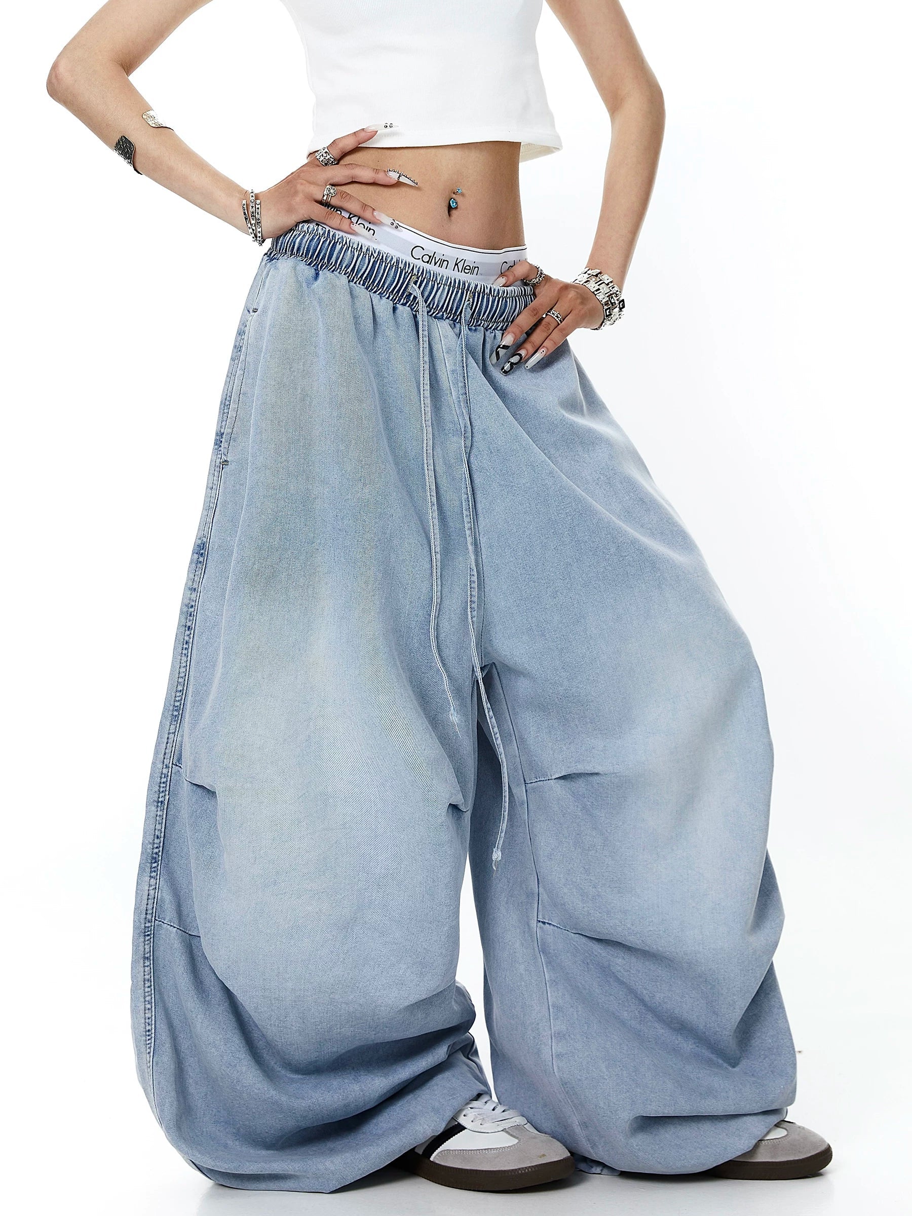 Unisex Amerikan Tarzı Yıpranmış Yıkamalı Bol Kesim Geniş Paça Kot Pantolon