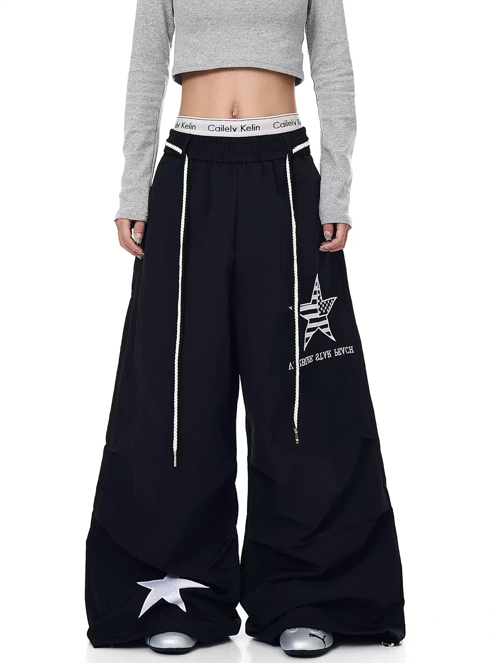 Unisex Amerikan Tarzı Yıldız Nakışlı Büzgülü Bol Kesim Geniş Paça Kargo Pantolon