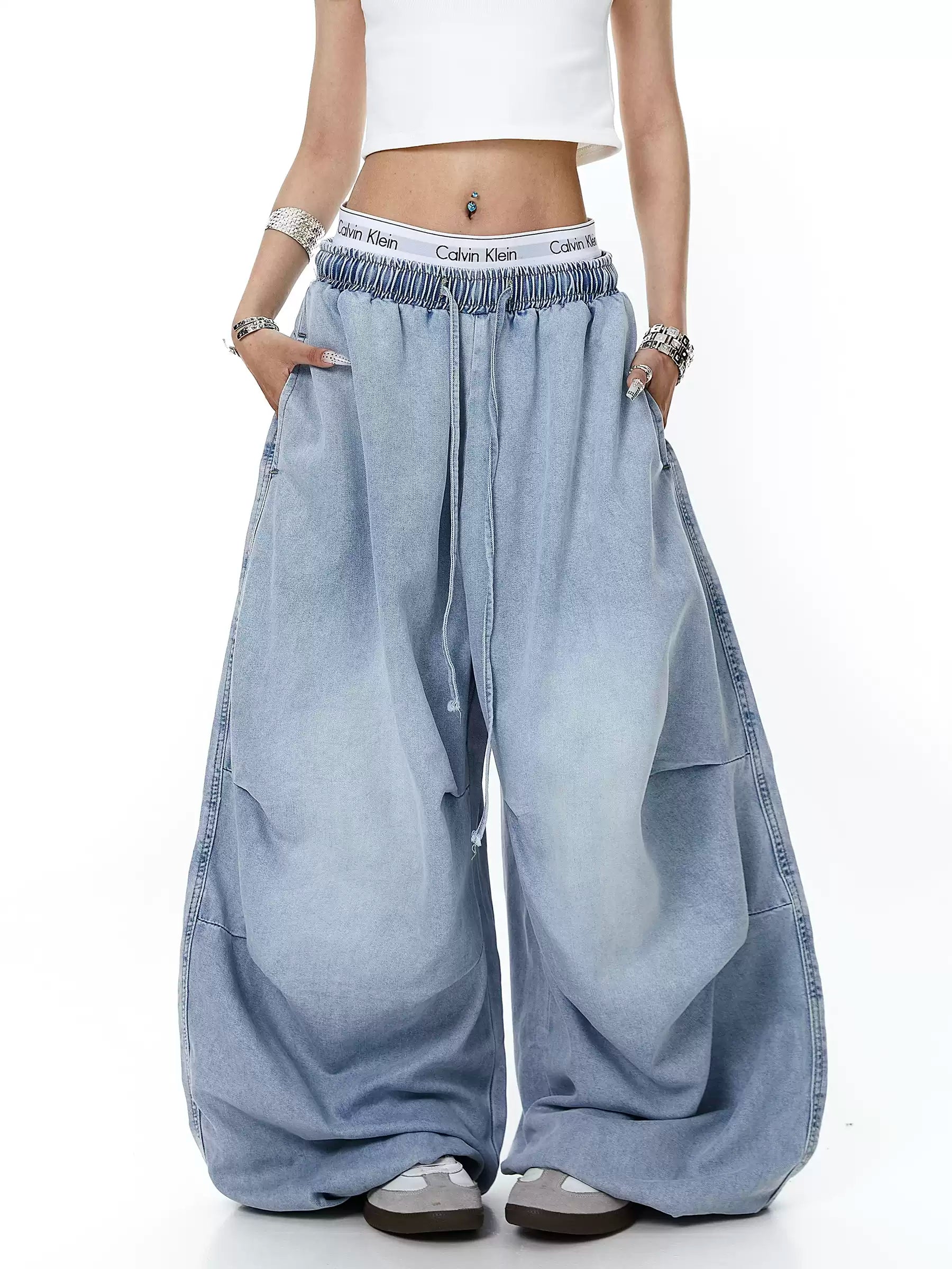 Unisex Amerikan Tarzı Yıpranmış Yıkamalı Bol Kesim Geniş Paça Kot Pantolon