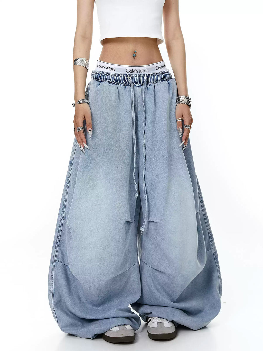 Unisex Amerikan Tarzı Yıpranmış Yıkamalı Bol Kesim Geniş Paça Kot Pantolon