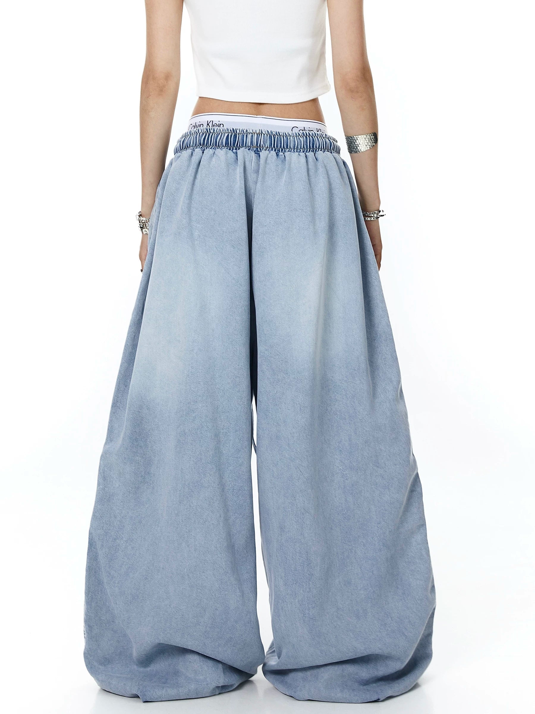 Unisex Amerikan Tarzı Yıpranmış Yıkamalı Bol Kesim Geniş Paça Kot Pantolon