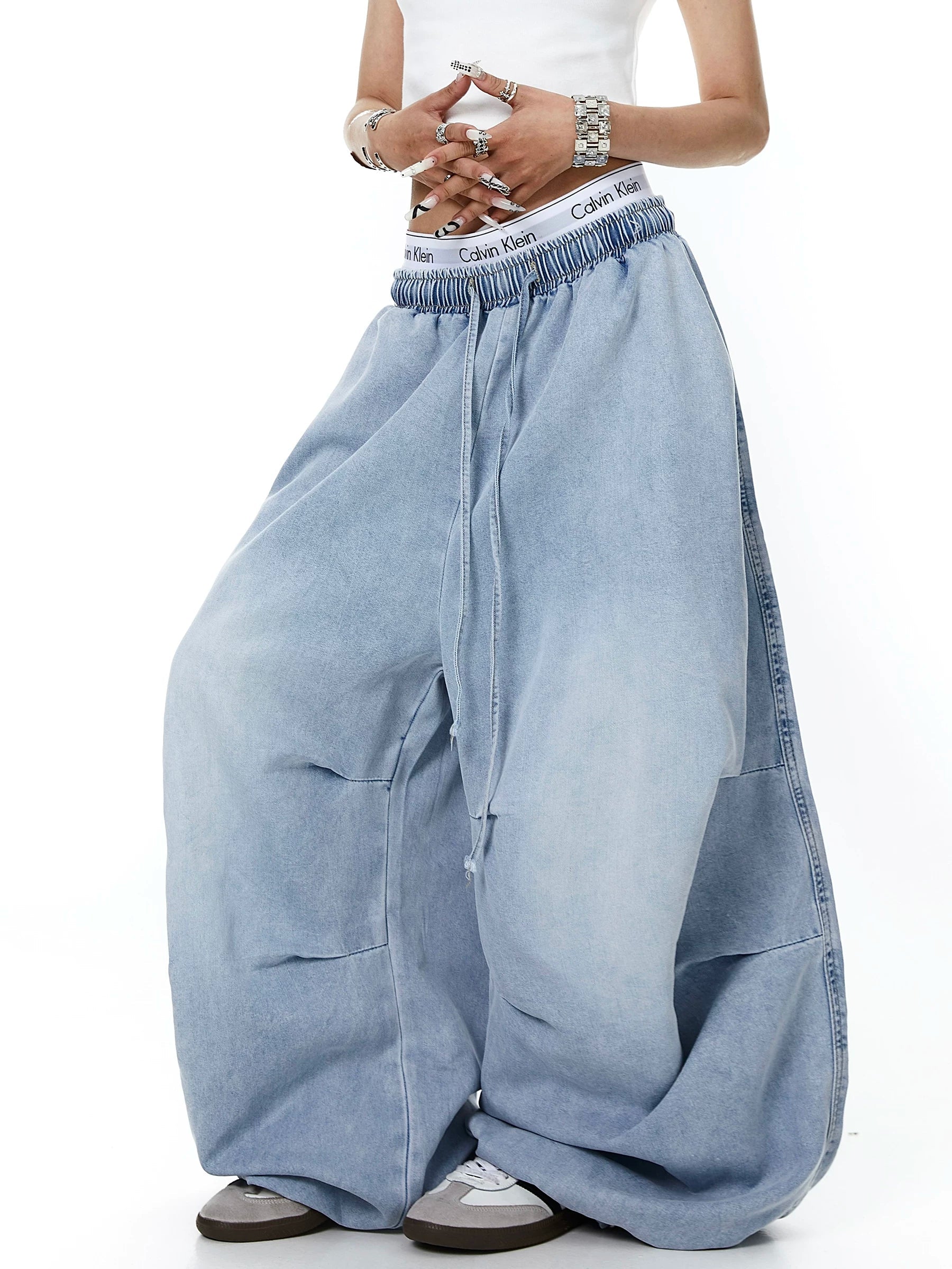 Unisex Amerikan Tarzı Yıpranmış Yıkamalı Bol Kesim Geniş Paça Kot Pantolon