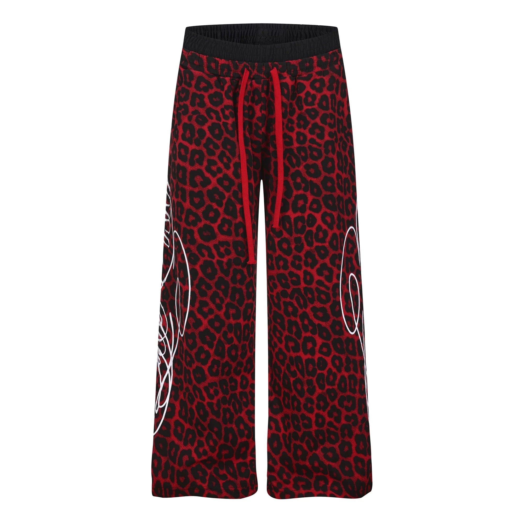Unisex Amerikan Tarzı Leopar Baskılı Çift Bel Bantlı Harf Baskılı Bol Kesim Geniş Paça Eşofman Altı