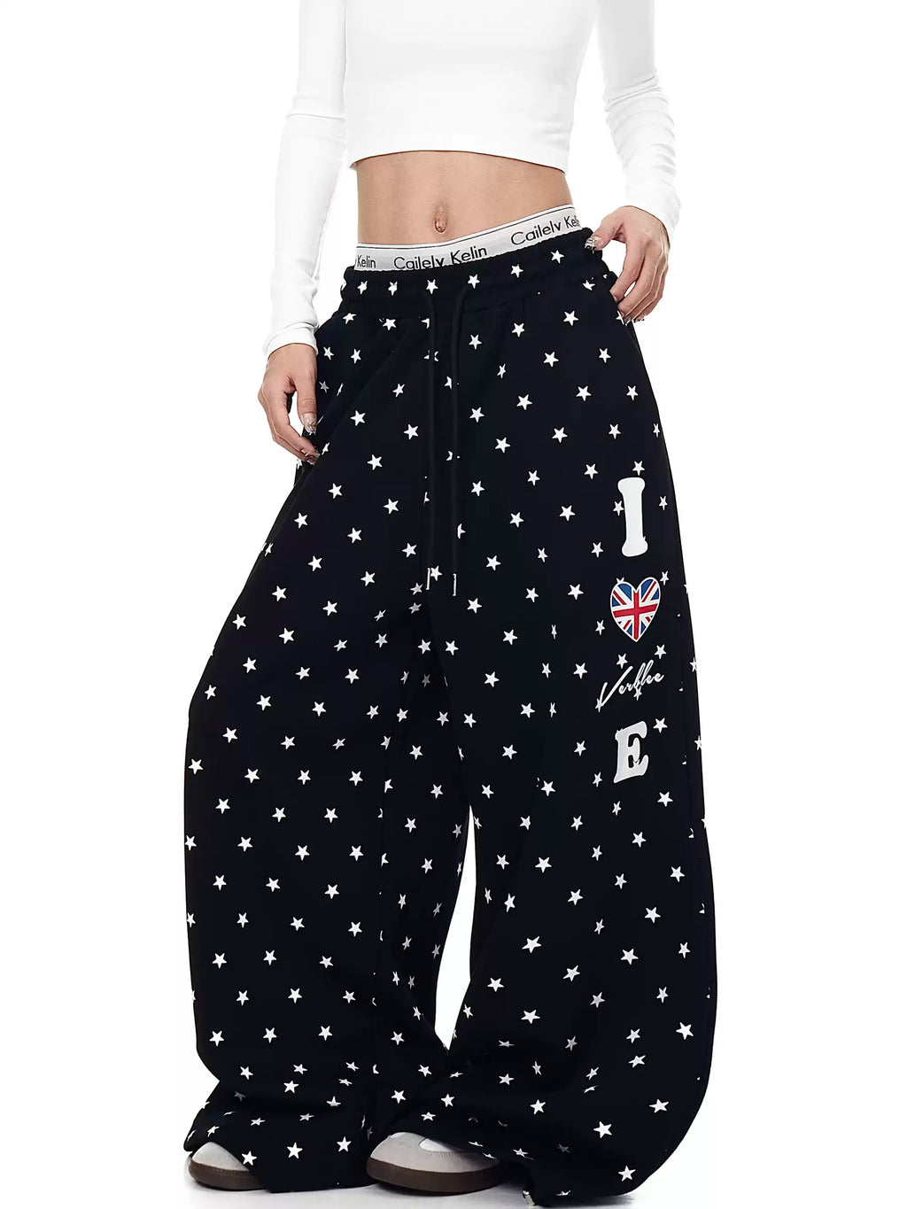 Unisex Amerikan Tarzı Yıldız Baskılı Bol Kesim Geniş Paça Eşofman Altı